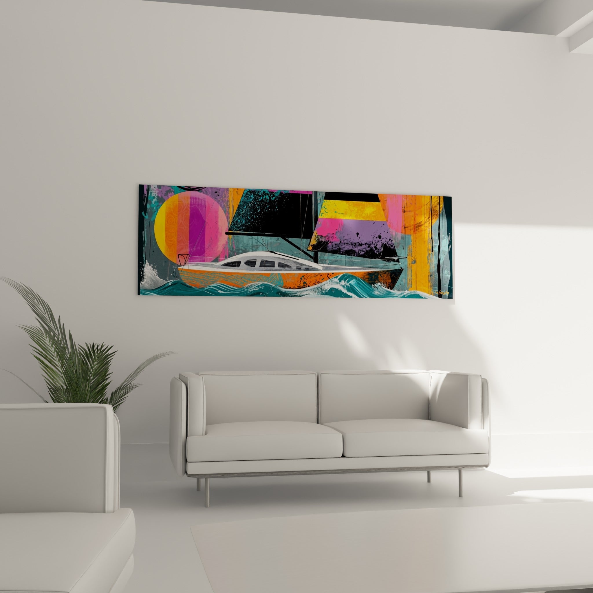 Bateau blanc et voiles violettes sur fond solaire, tableau bateau abstrait accroché au-dessus d'un canapé dans un salon lumineux