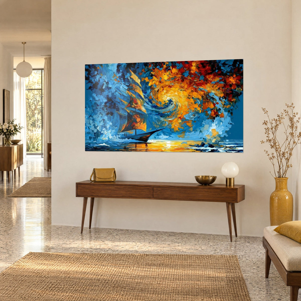 Tableau goélette sous une spirale de feuillage flamboyant, touches épaisses de bleu roi et d'orange, sur une console en bois