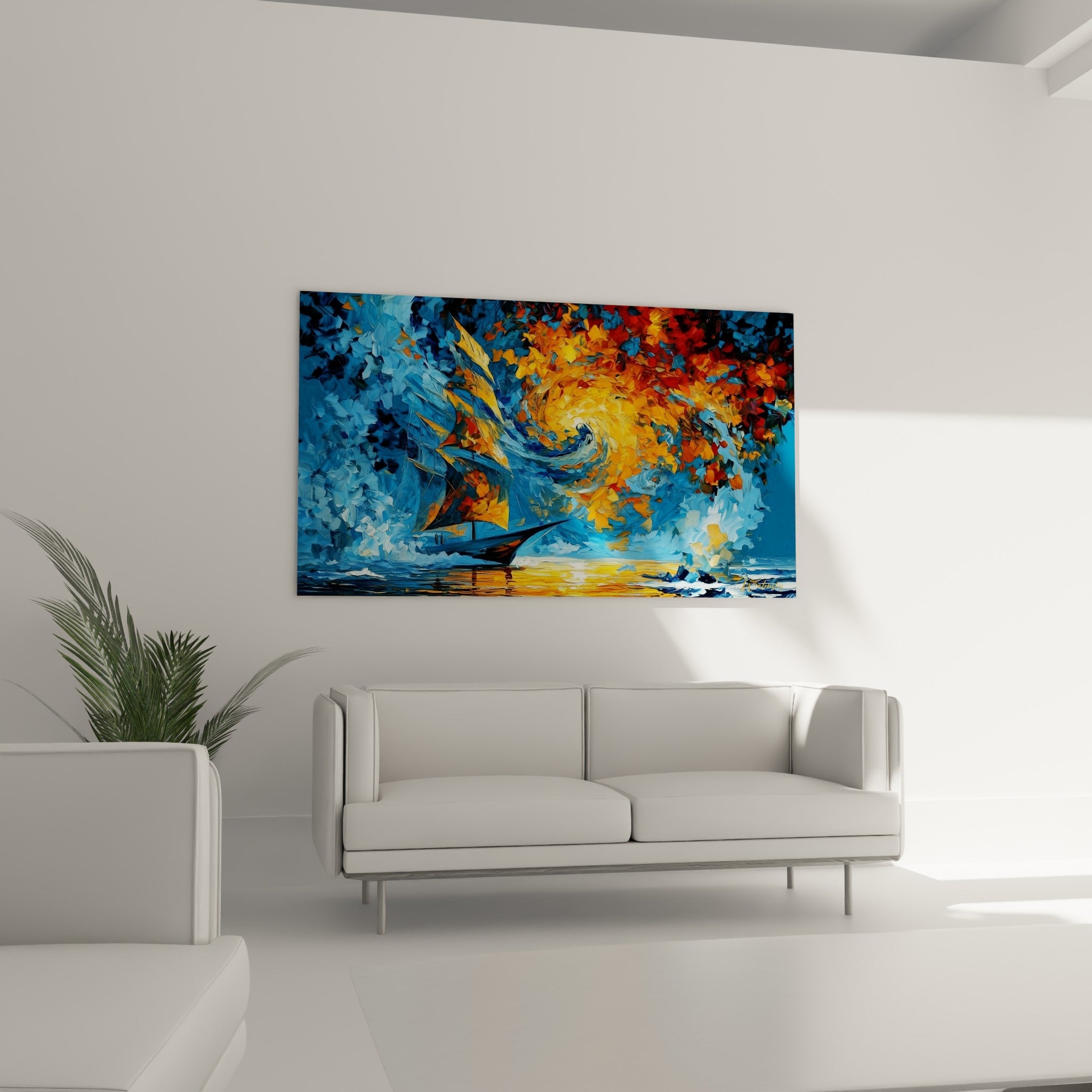 Bateau abstrait aux teintes bleu marine et ocre traversant une tempête picturale, au-dessus d'un canapé dans un salon lumineux