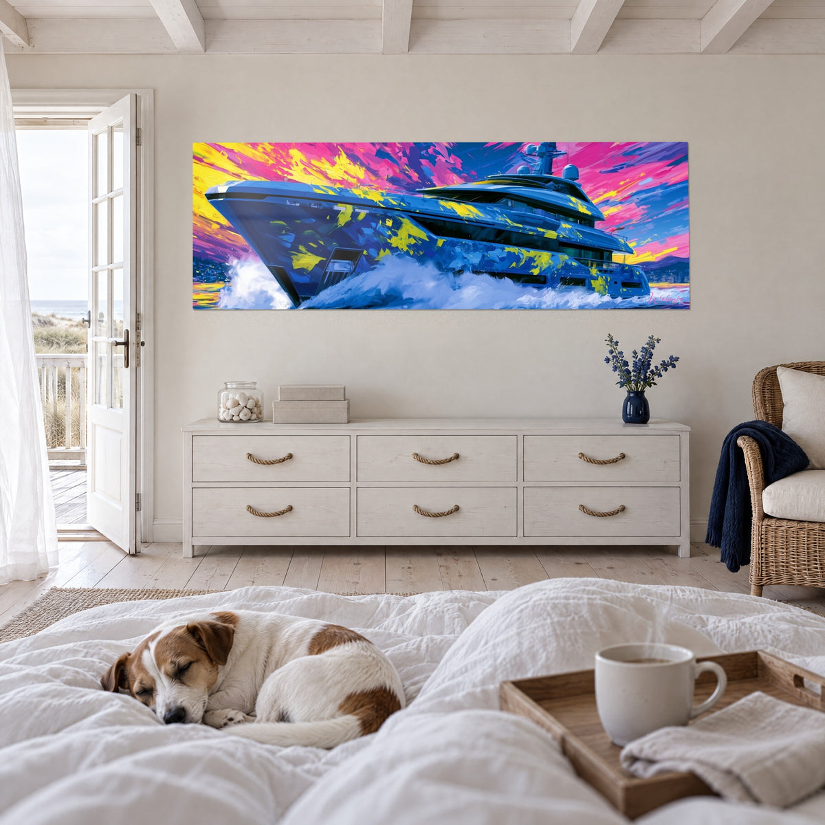 Tableau navire de luxe lancé dans l'écume bleue, ciel rose et jaune, terrier couché sur le lit, au-dessus d'un lit dans une chambre claire