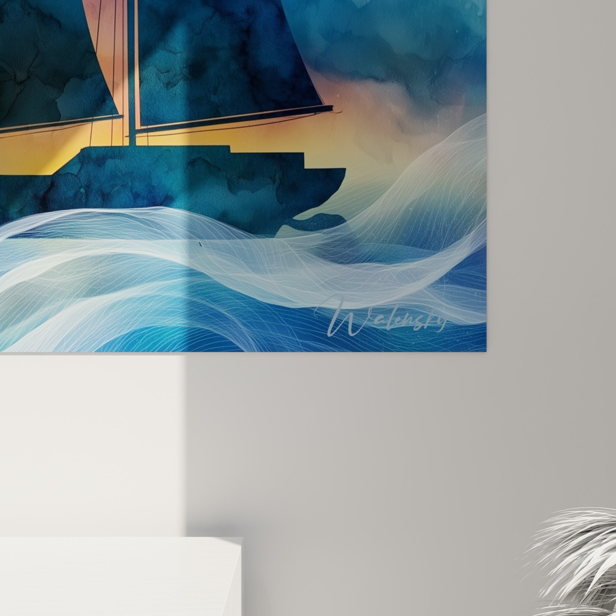 Détail des empâtements bleu marine et coulures orangées sur la toile du voilier, grain marqué de l'aquarelle