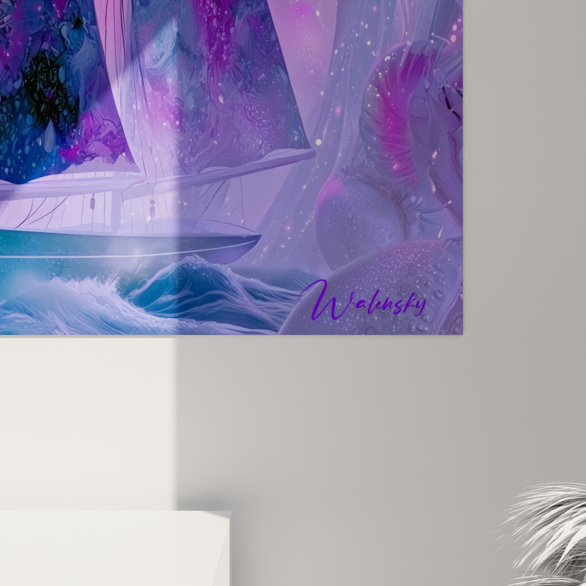 Détail des voiles texturées mêlant violet profond, turquoise et touches noires façon aquarelle numérique
