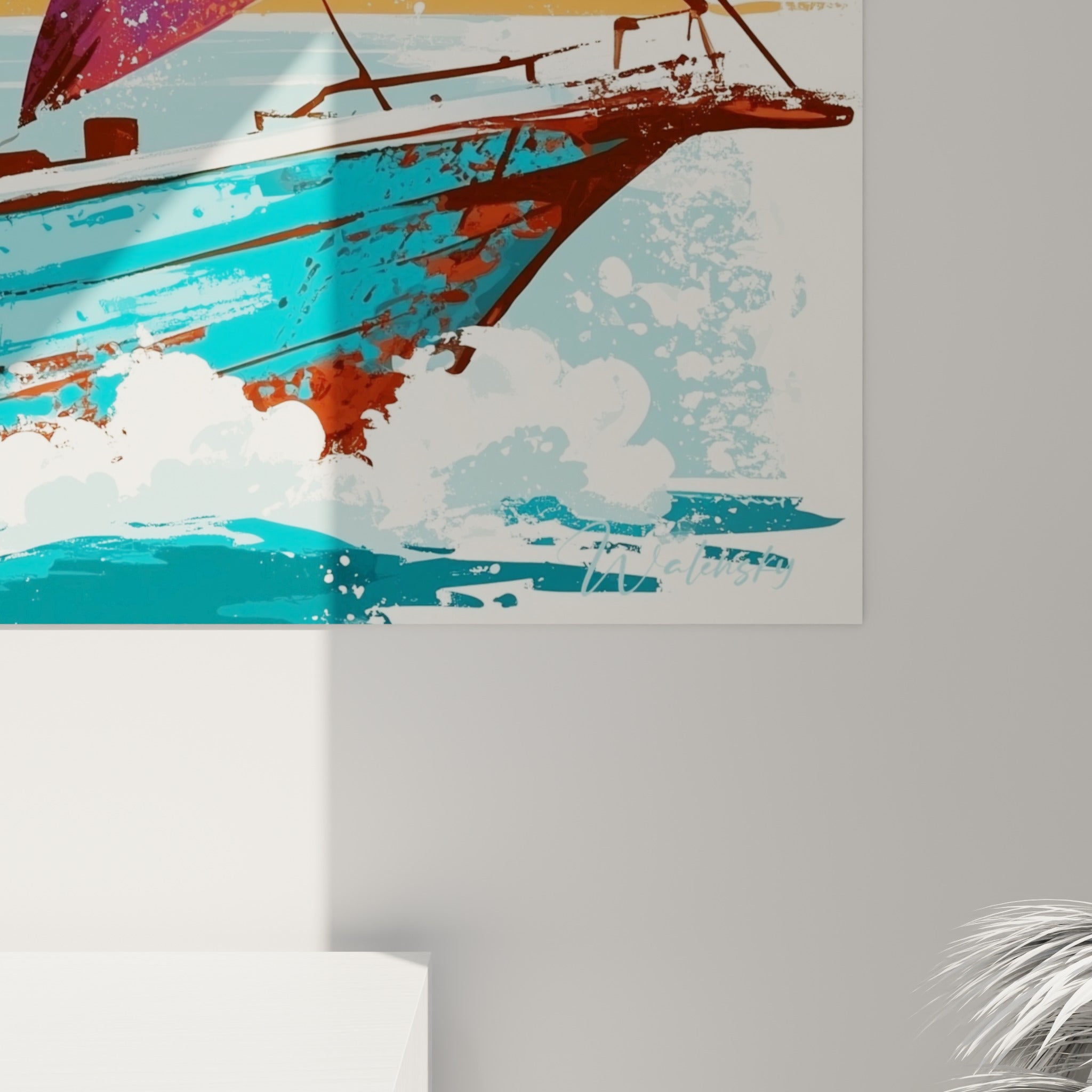 Empâtements et éclaboussures de peinture sur les voiles pourpres et la coque turquoise du voilier, effet aquarelle visible