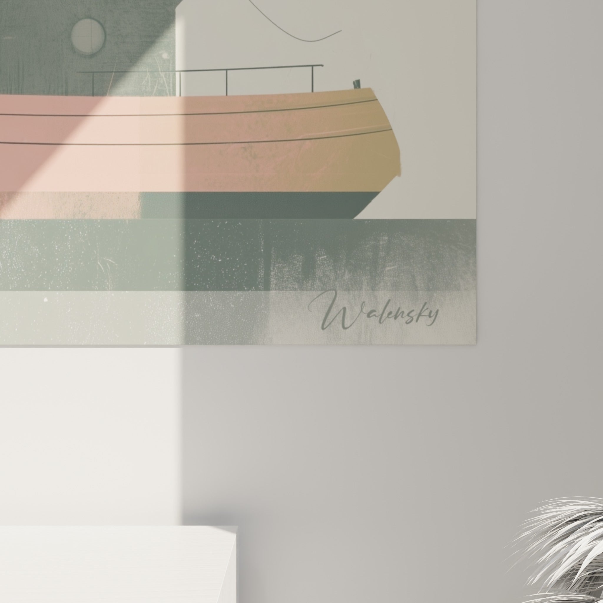Détail de la cabine anthracite et des mâts fins, textures granuleuses corail et beige sable