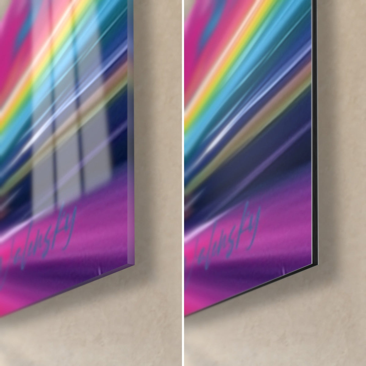 Tableau voilier multicolore, coin bas droit : reflets magenta et violet sur le verre acrylique brillant, Dibond mat, tranche de 3 mm