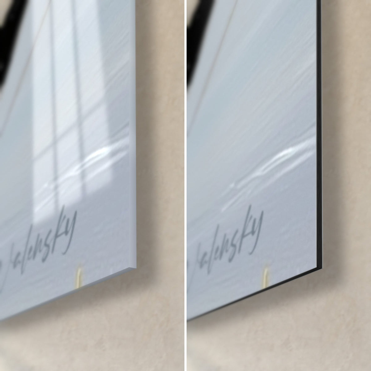 Gemälde goldene Schoner, untere rechte Ecke aus glänzendem Acrylglas und mattem Alu-Dibond, schwarze 3-mm-Kante, Signatur Walensky