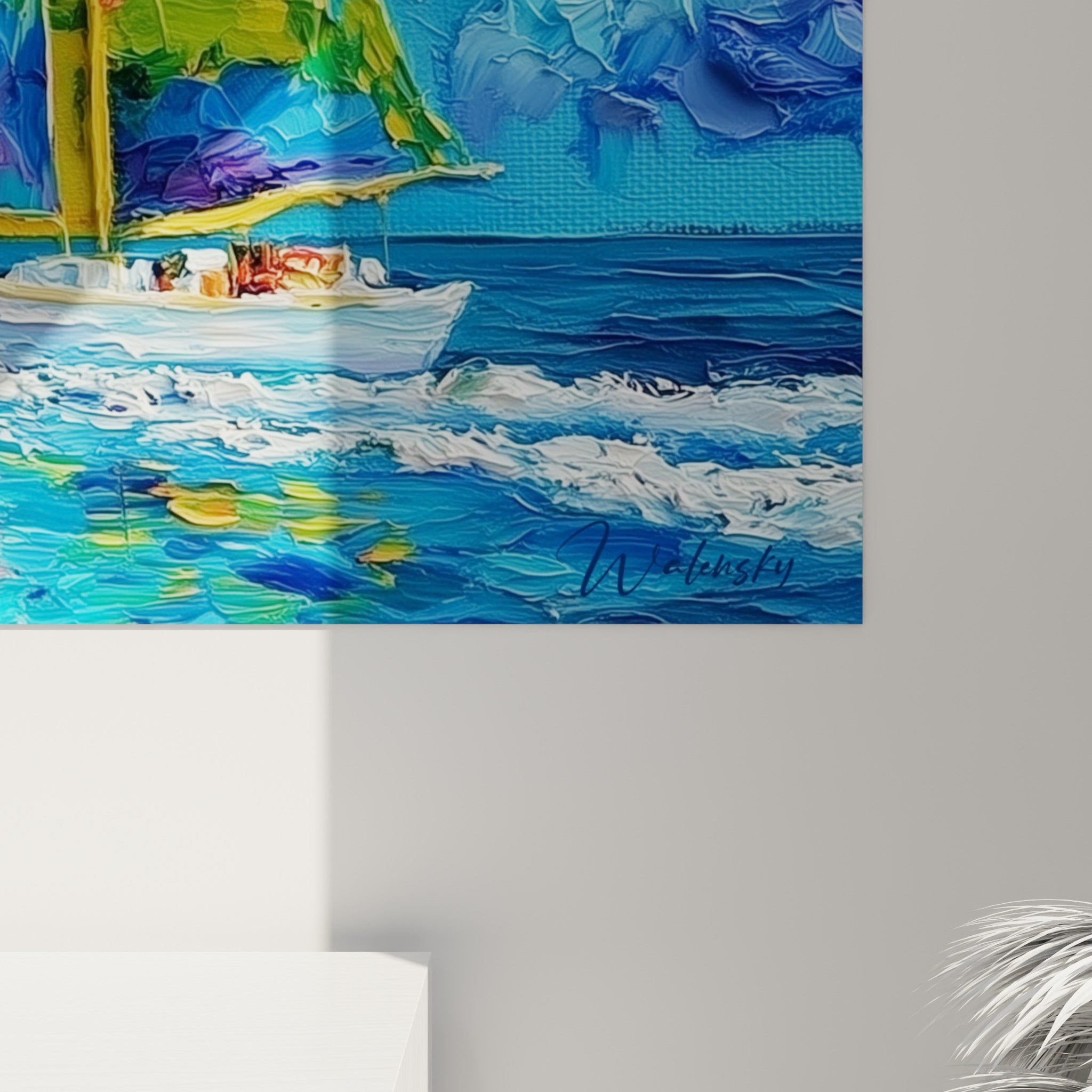 Empâtements épais en jaune, rose et bleu marine révélant la matière texturée du ciel embrasé de ce tableau