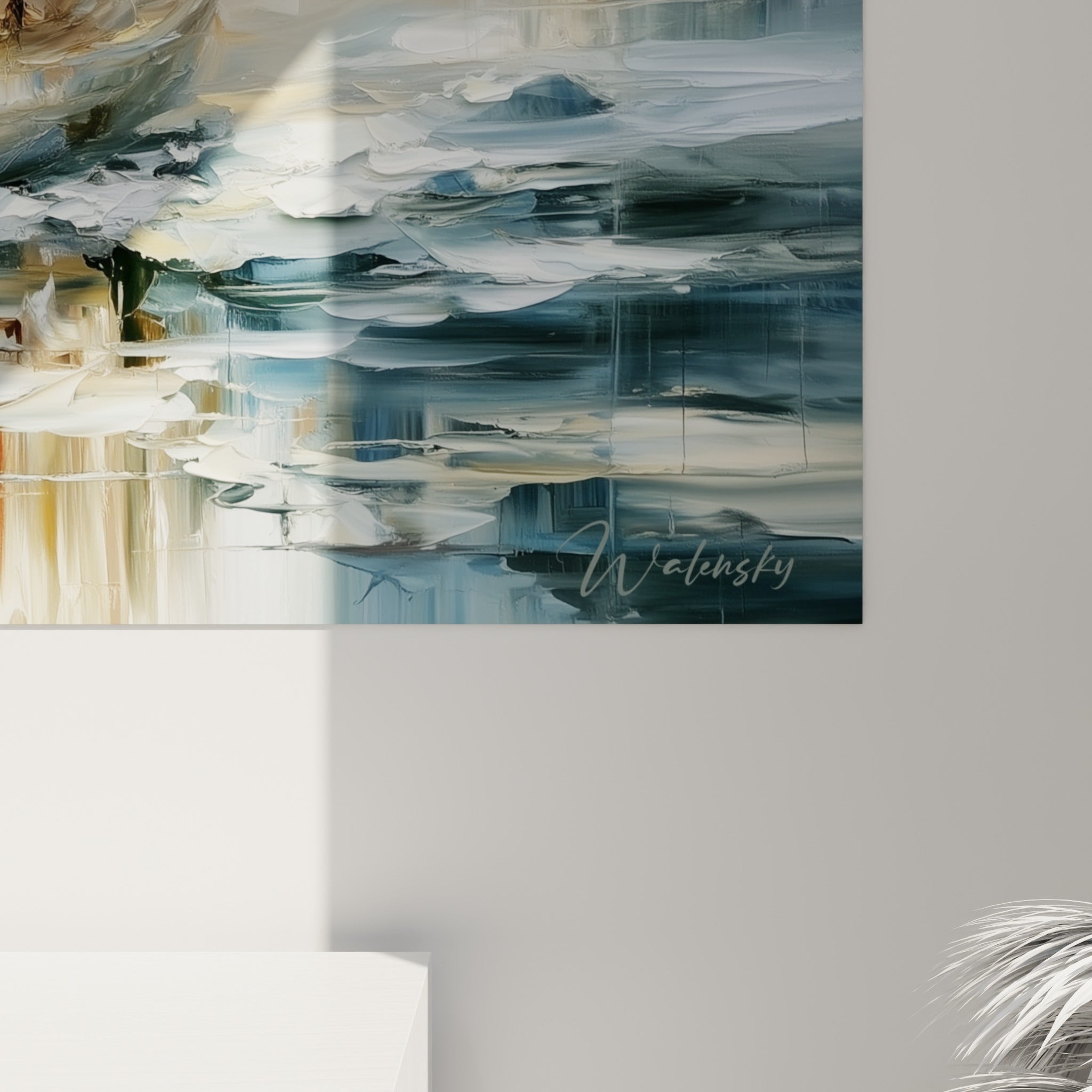 Empâtements dorés et coulures bleu gris révélant la matière épaisse de la peinture au couteau sur ce voilier