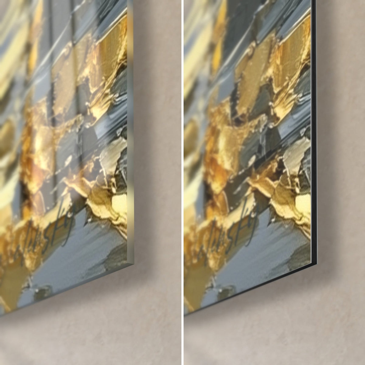 Tableau voilier doré, coin bas droit : verre acrylique brillant à gauche, Dibond mat gris à droite, tranche de 3 mm