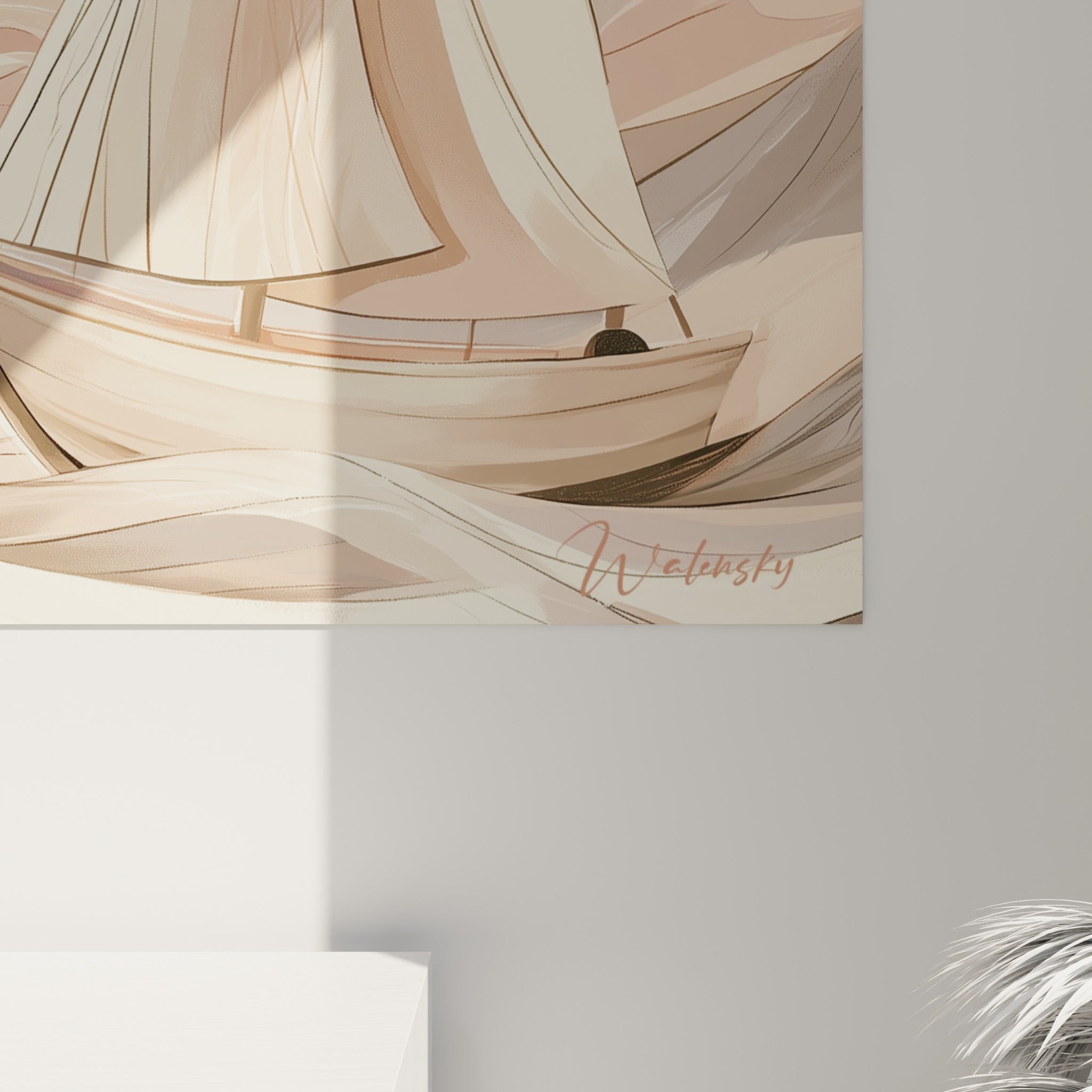 Traits fins et dégradés ocre-rosé du tableau bateau abstrait, grain de l'impression visible en gros plan