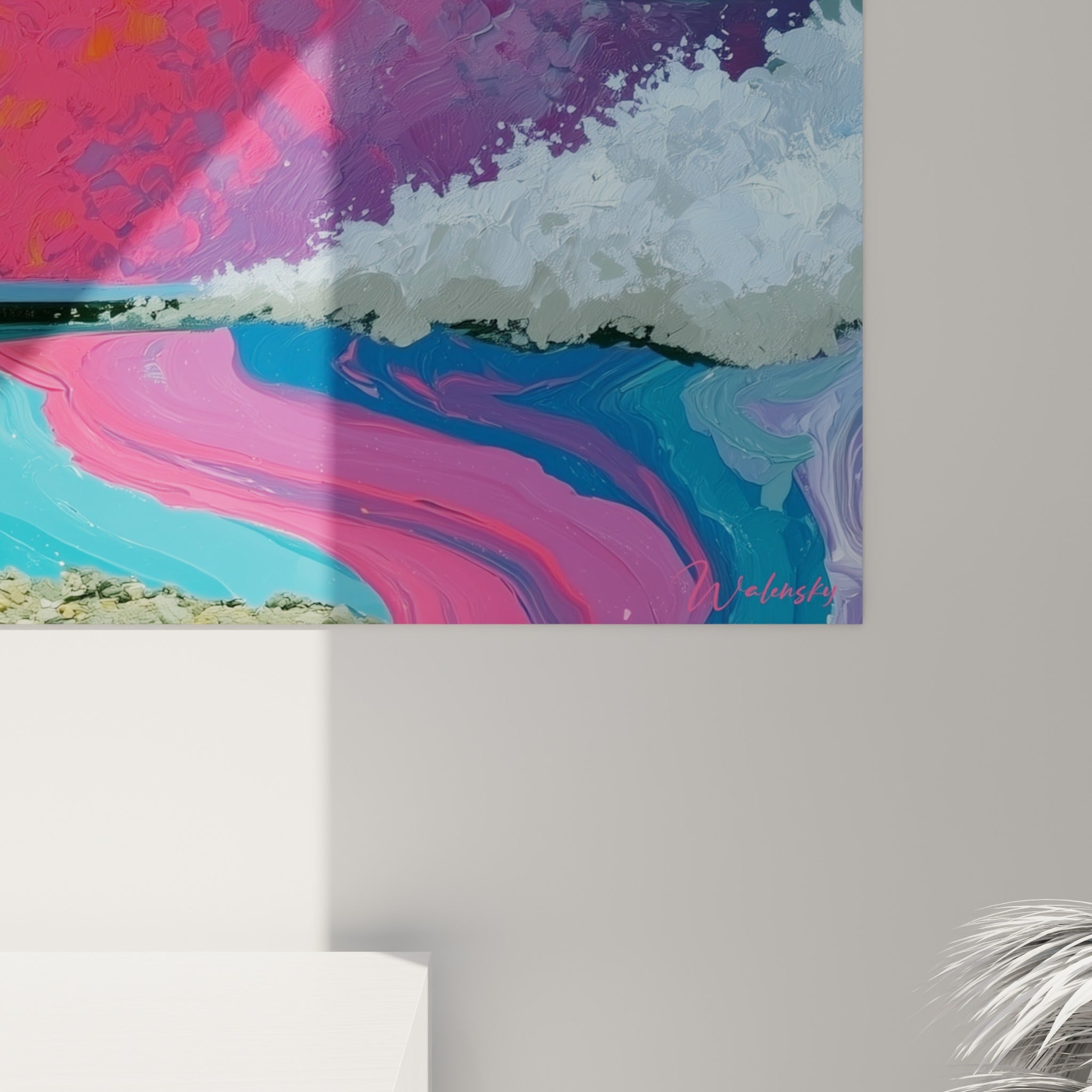 Empâtements de peinture bleu turquoise et magenta formant les coulures liquides sous la coque du voilier