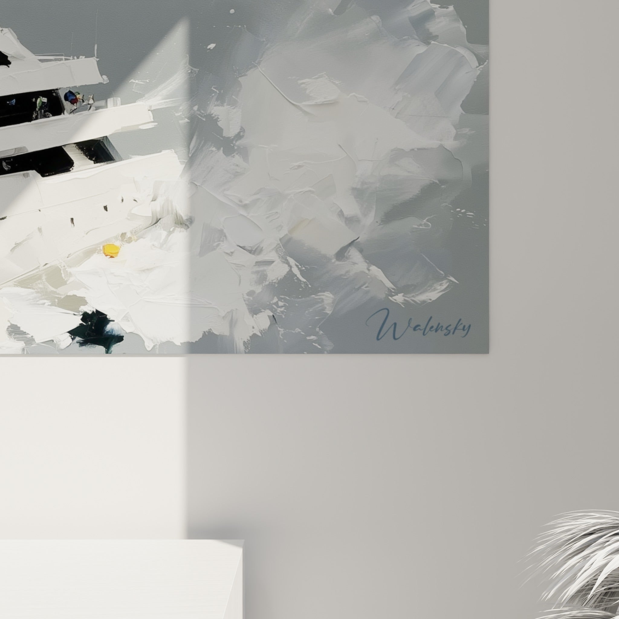 Empâtements blancs et touches grises se mêlant sur ce tableau bateau abstrait, matière texturée et coulures visibles