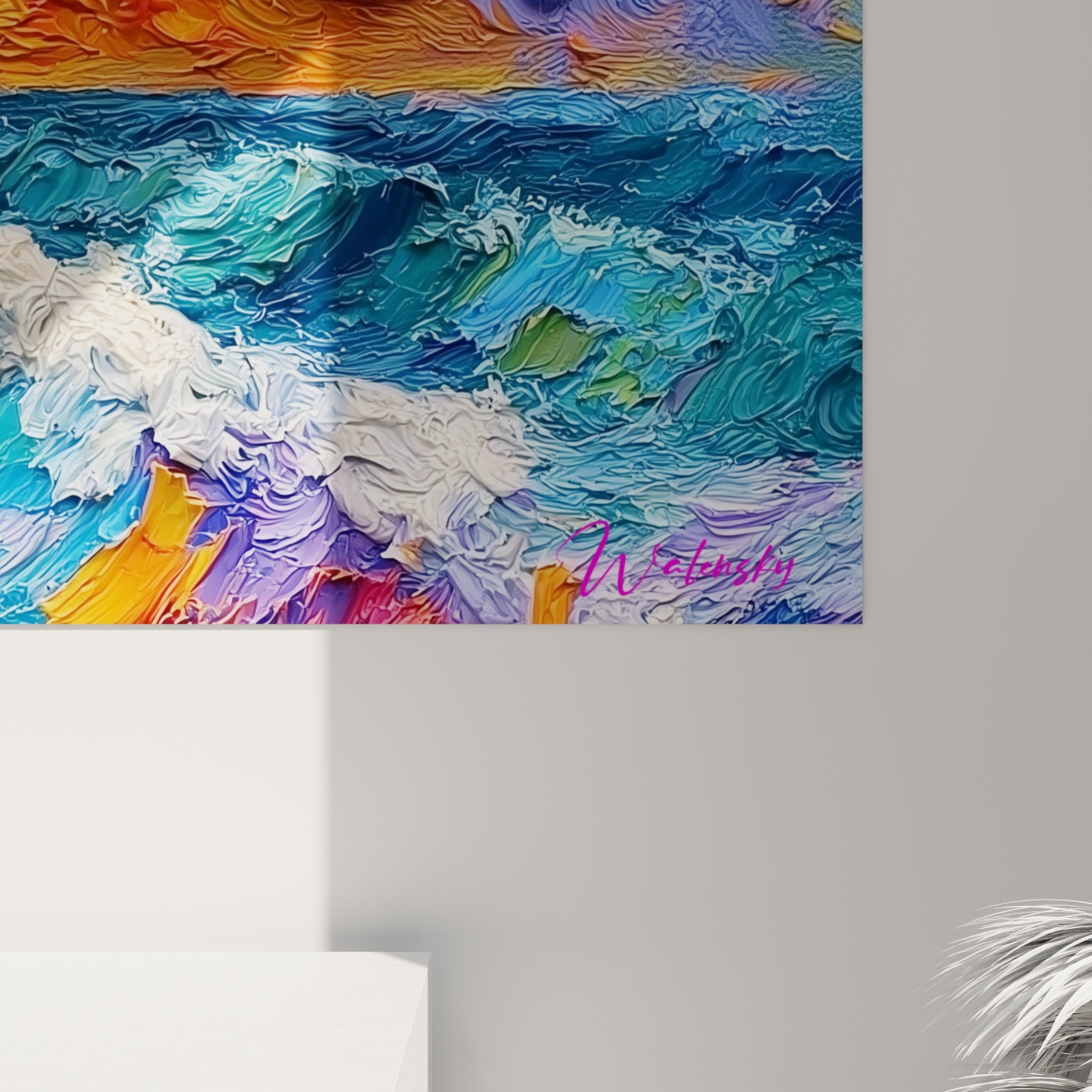 Empâtements épais bleu et orange, coulures d'écume blanche et jaune, matière sculptée révélant le grain de la peinture marine