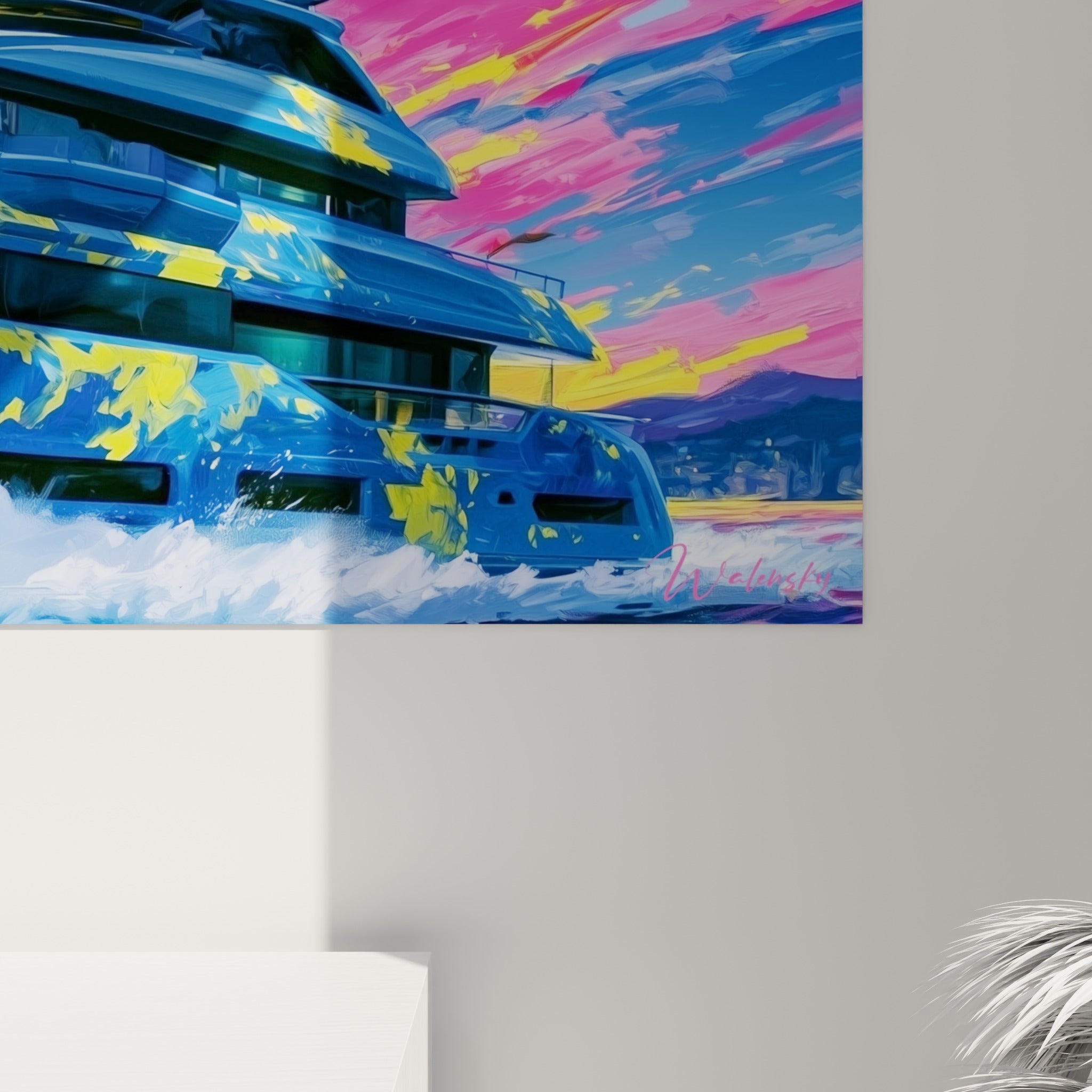 Détail des empâtements bleu marine et jaune vif de la coque, coulures roses visibles sur la toile