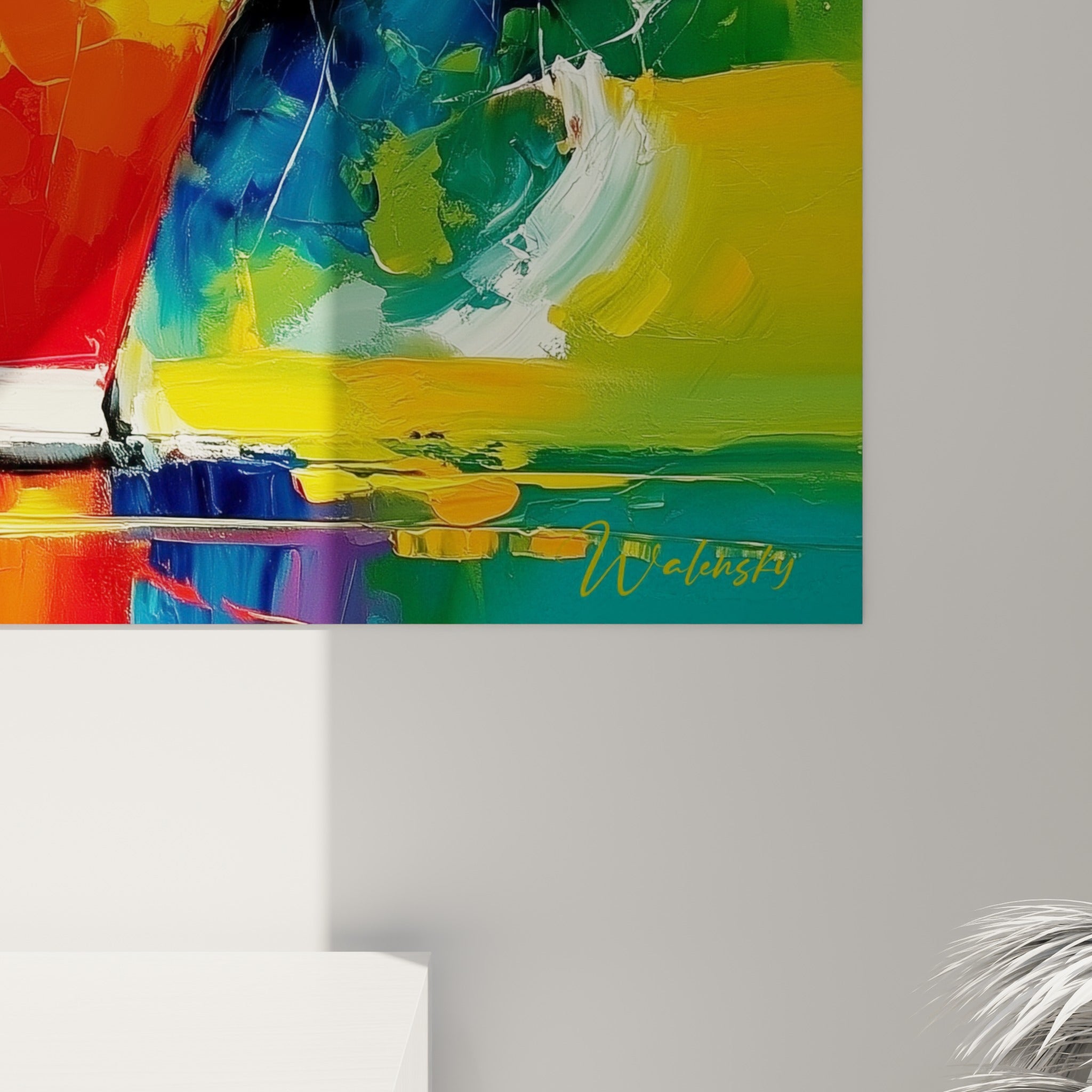 Empâtements épais de peinture rouge, jaune et bleue formant la coque du bateau, matière texturée visible