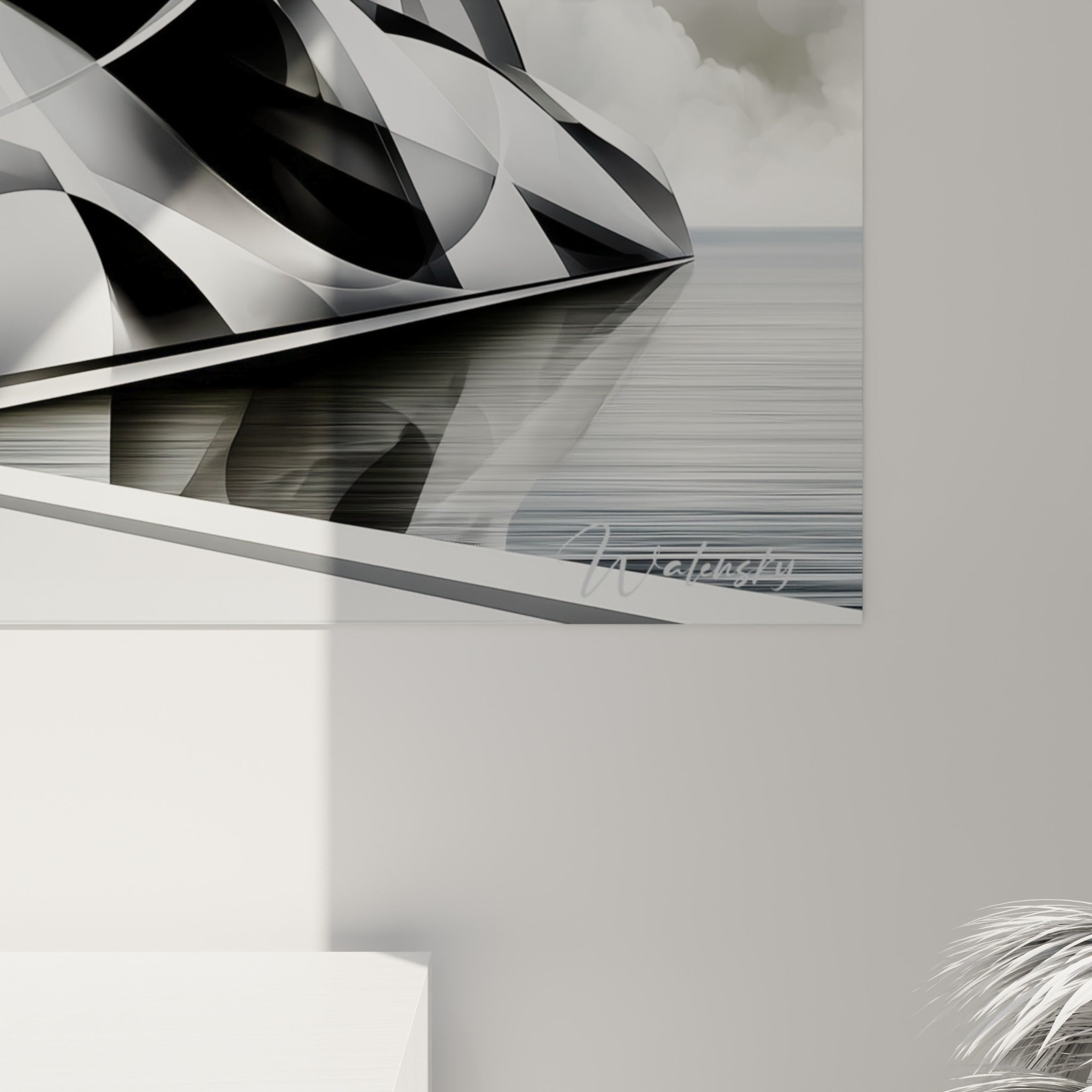 Détail des empâtements noir profond et blanc éclatant sculptant la coque du yacht futuriste