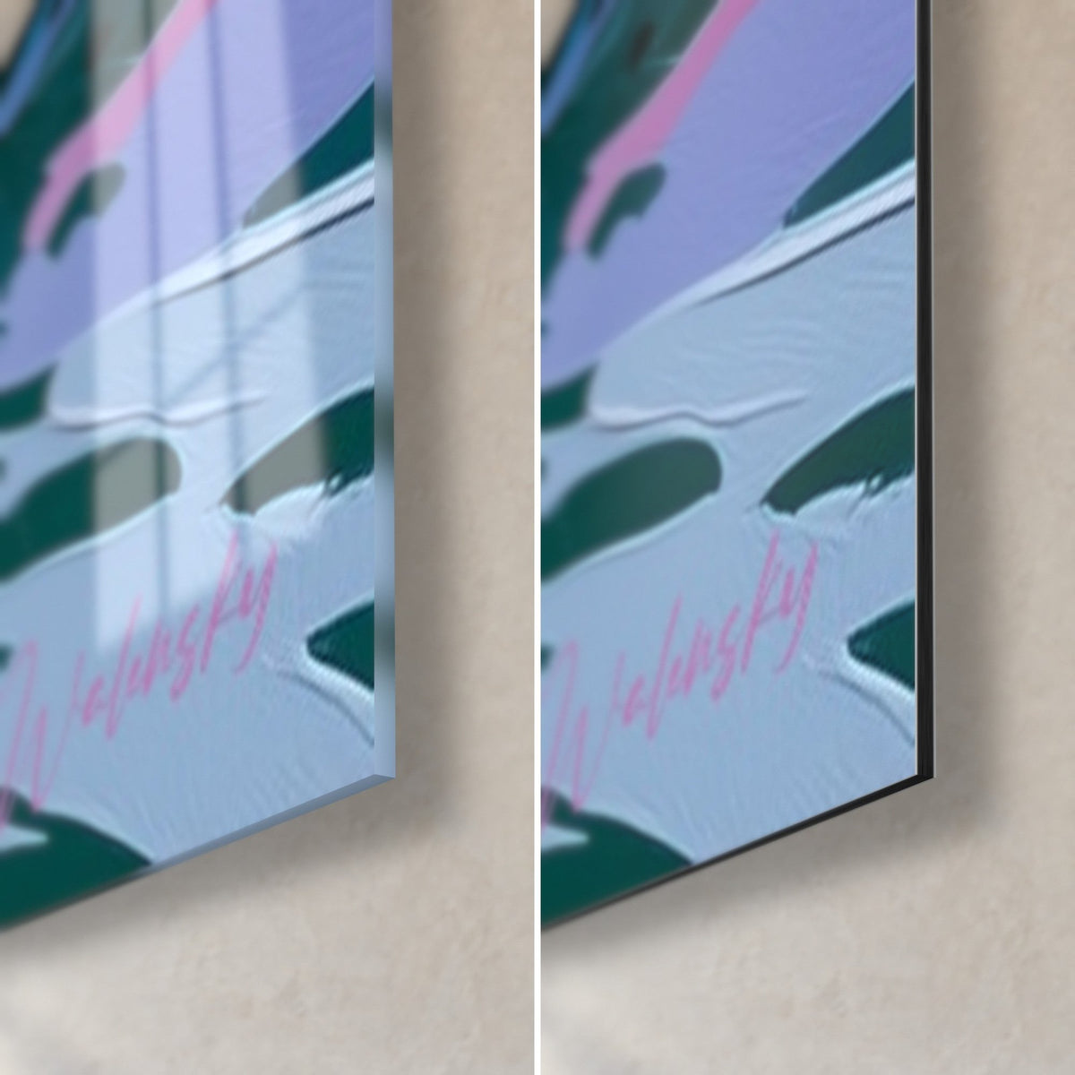 Tableau yacht à voiles crème, vagues rose et vert émeraude, coin bas droit : verre brillant à gauche, Dibond mat à droite