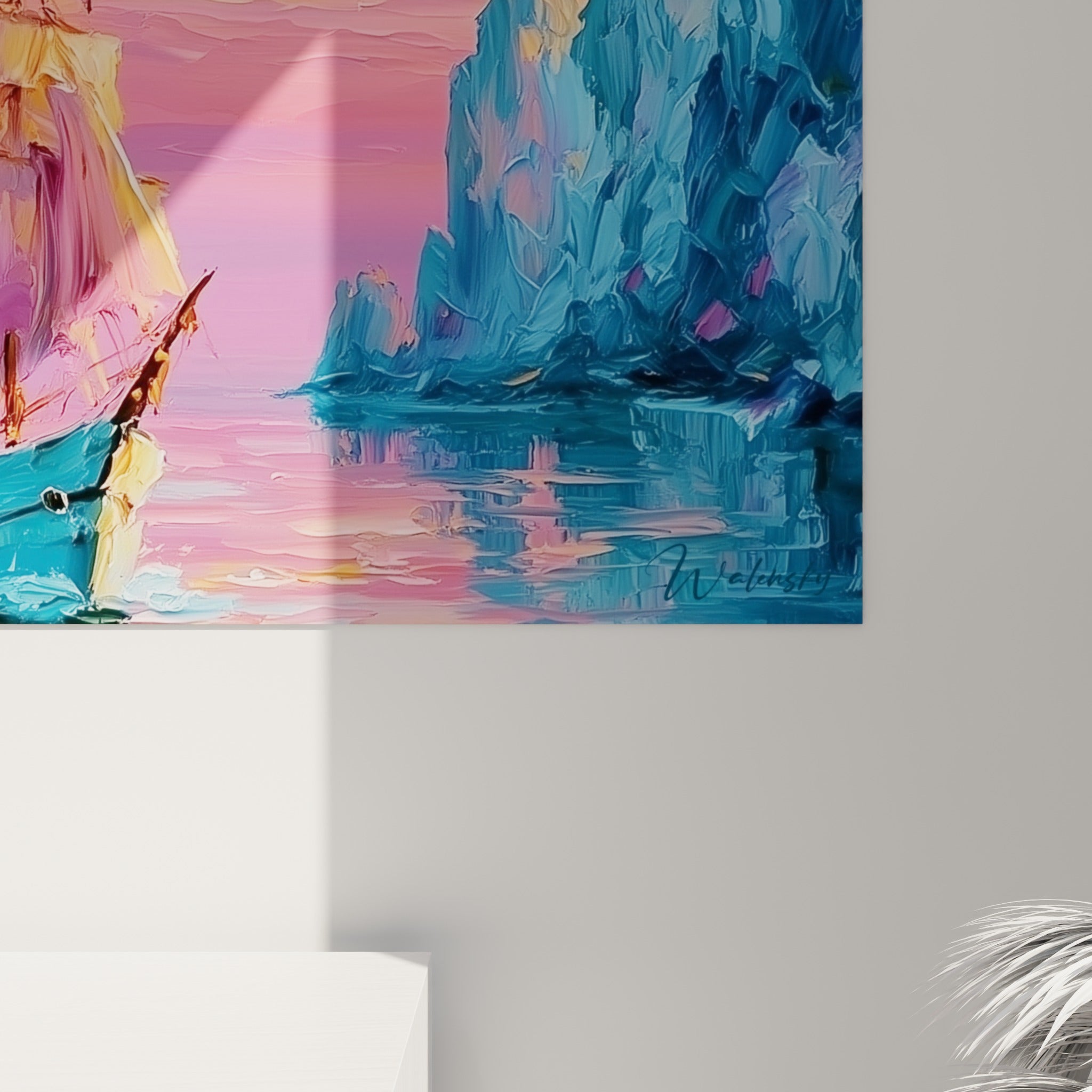 Empâtements roses et dorés du feuillage se mêlant aux coulures bleu turquoise de l'eau en gros plan
