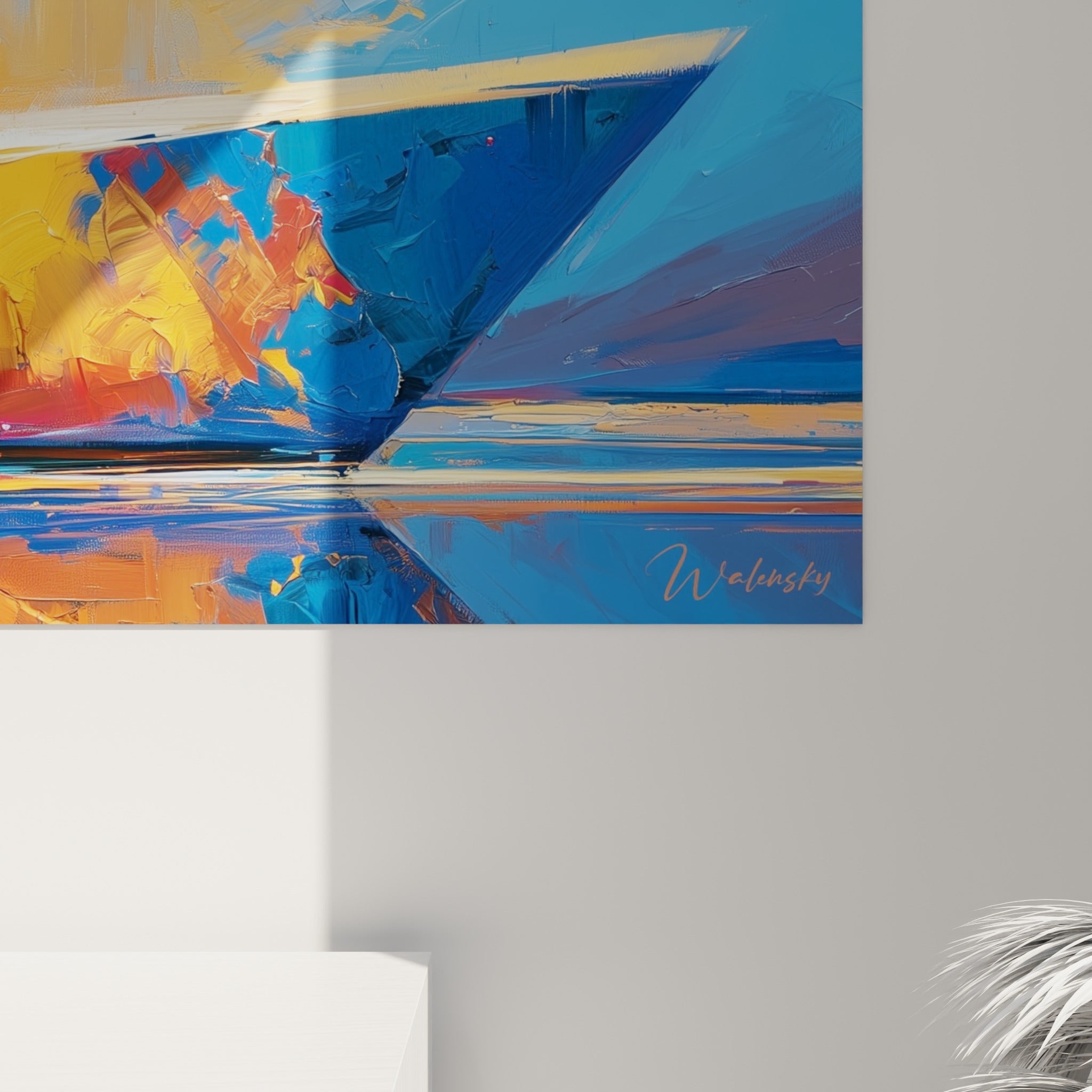 Empâtements dorés et fuchsia se mêlant au bleu profond, matière épaisse et coulures visibles sur la toile du voilier
