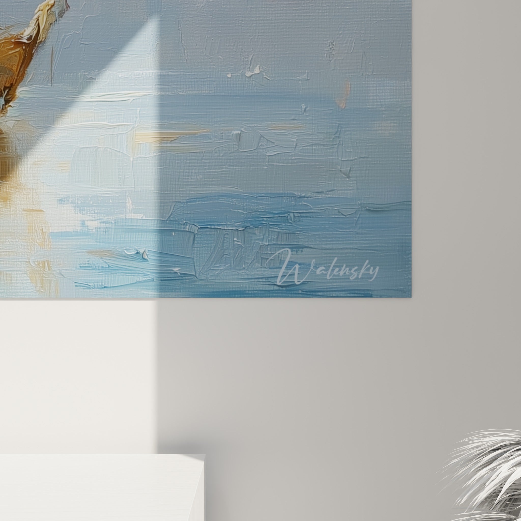 Empâtements de peinture ocre et bleu marine révélant la matière du tableau bateau abstrait