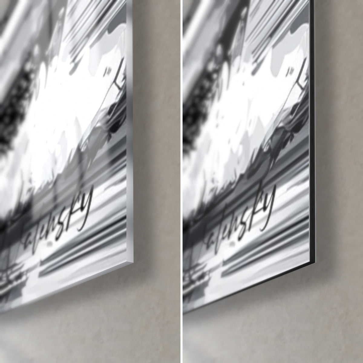 Schilderij zwart-wit zeilboot, rechtsonder: glanzend acrylglas links, mat grijs Dibond-aluminium rechts, rand van 3 mm