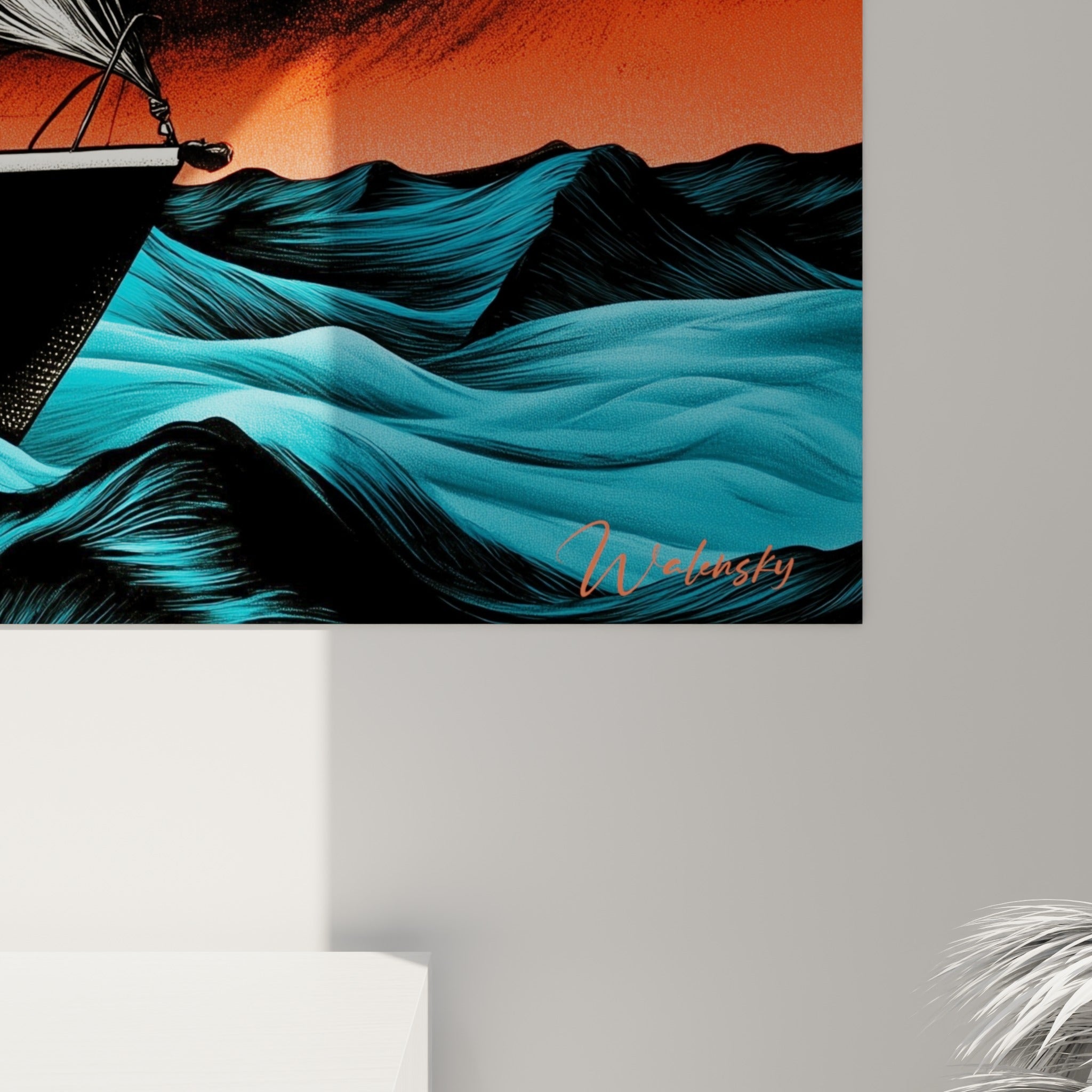 Gréement du voilier détaillé avec traits d'encre fins, texture des vagues turquoise et noir de ce tableau bateau abstrait