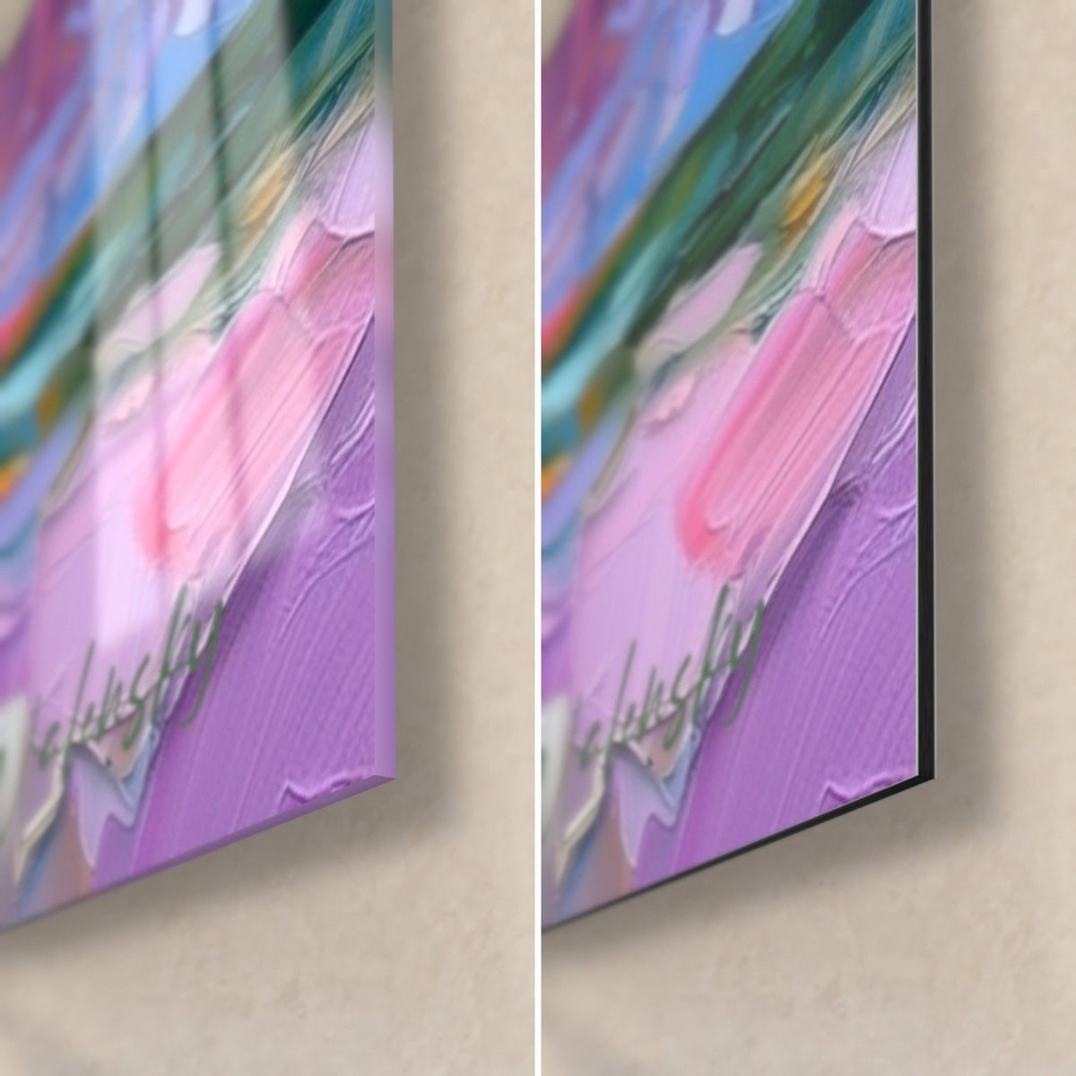 Tableau voilier au spinnaker fuchsia, coin bas droit : coups de pinceau lilas et rose, verre brillant à gauche, Dibond mat à droite