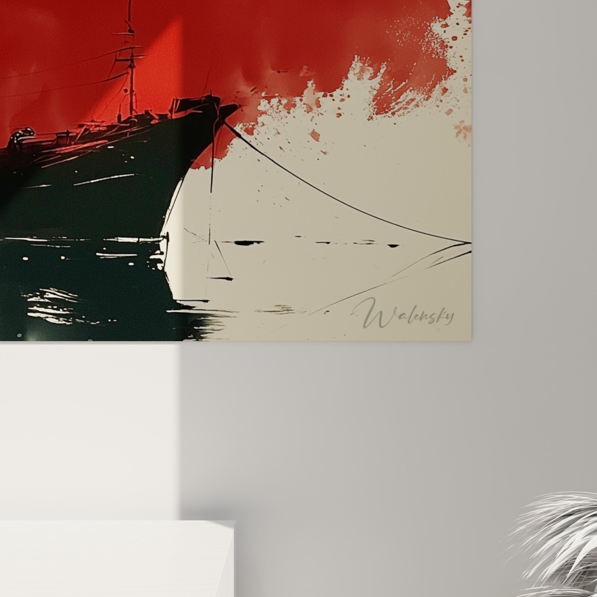 Empâtements noirs et coulures rouges se mêlant sur la toile, matière dense et grain visible de l'impression