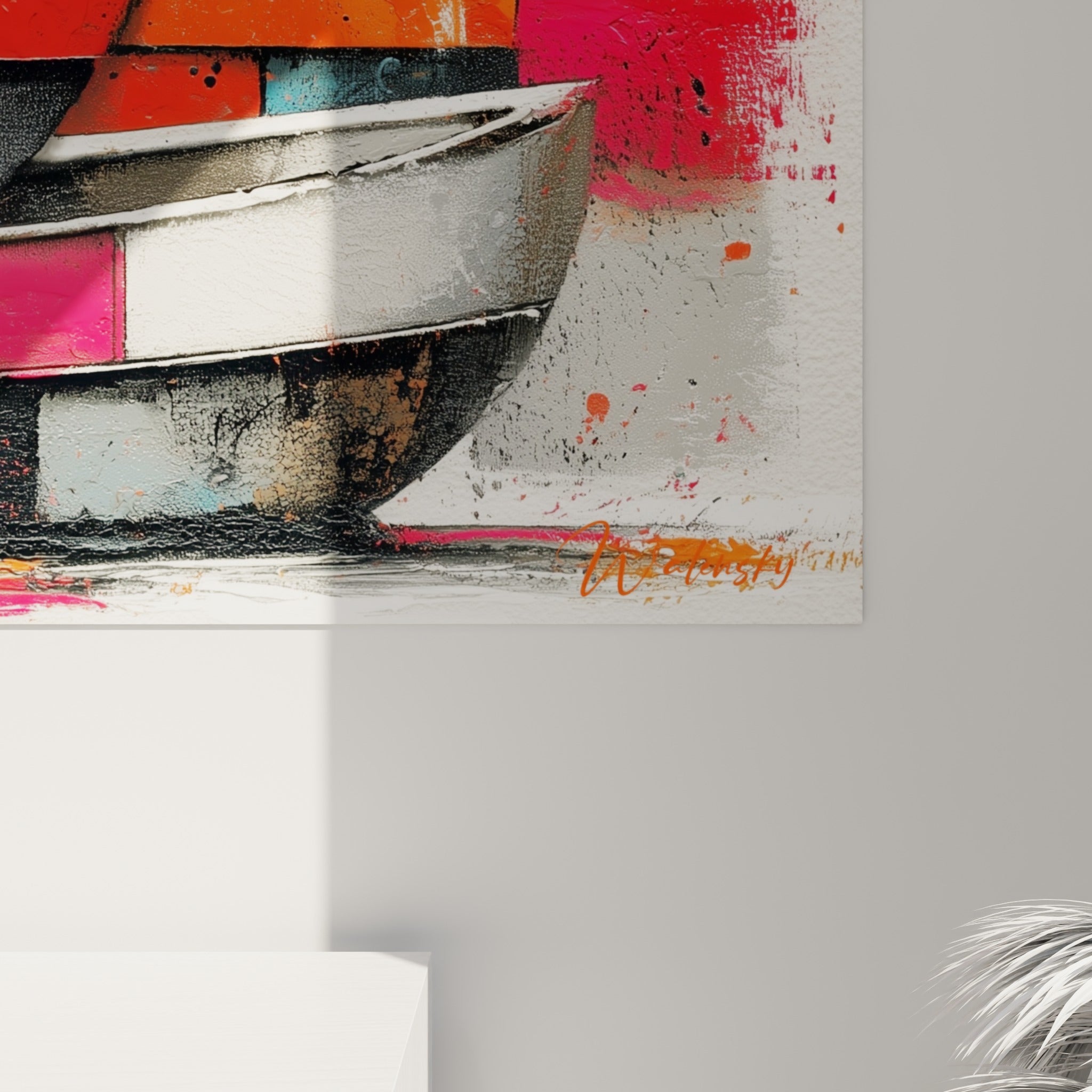 Empâtements de peinture rouge et orange visibles de près sur ce tableau bateau abstrait texturé