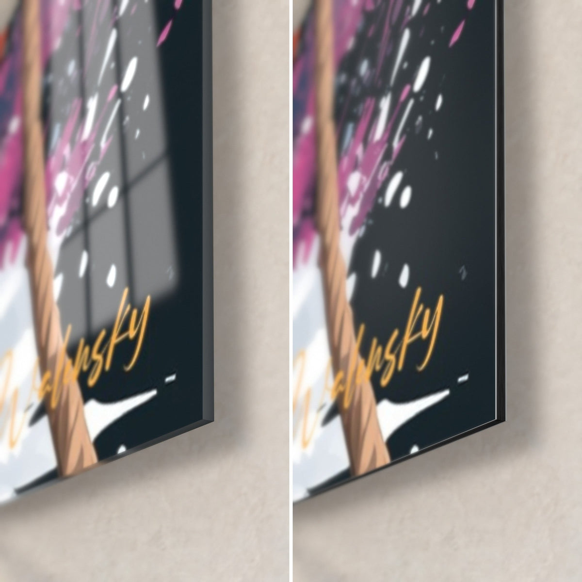 Wall art White boat with orange sides, glossy acrylic glass corner bottom left, matte Dibond aluminium bottom right, 3 mm thickness