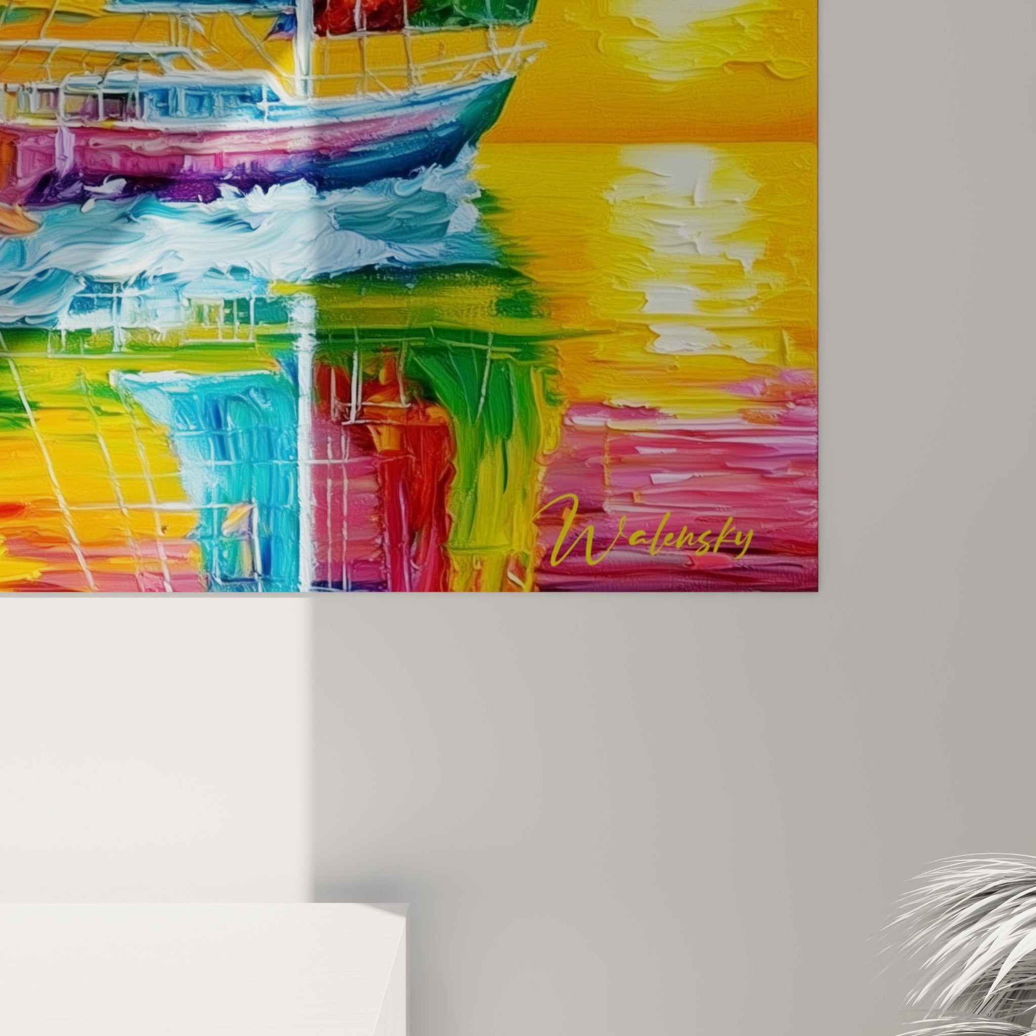 Empâtements épais de jaune, violet et turquoise révélant la matière du tableau bateau abstrait