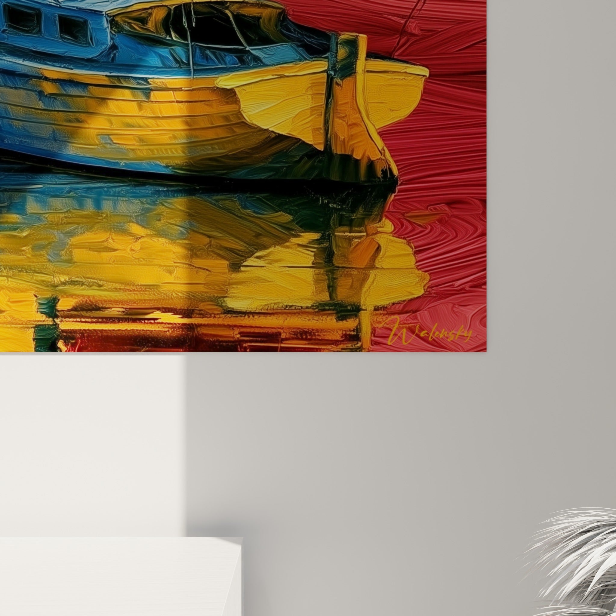 Empâtements épais et coulures rouges du tableau bateau abstrait, grain de peinture visible entre bleu marine et orange