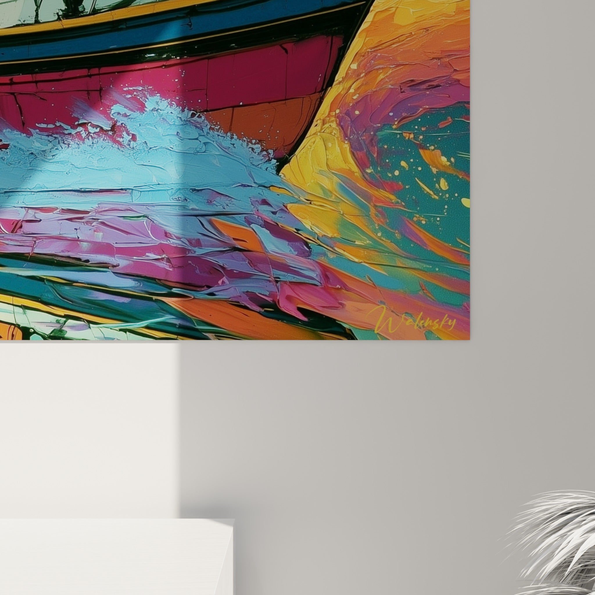Empâtements épais de peinture orange, bleu et violet révélant la matière du bateau abstrait de près