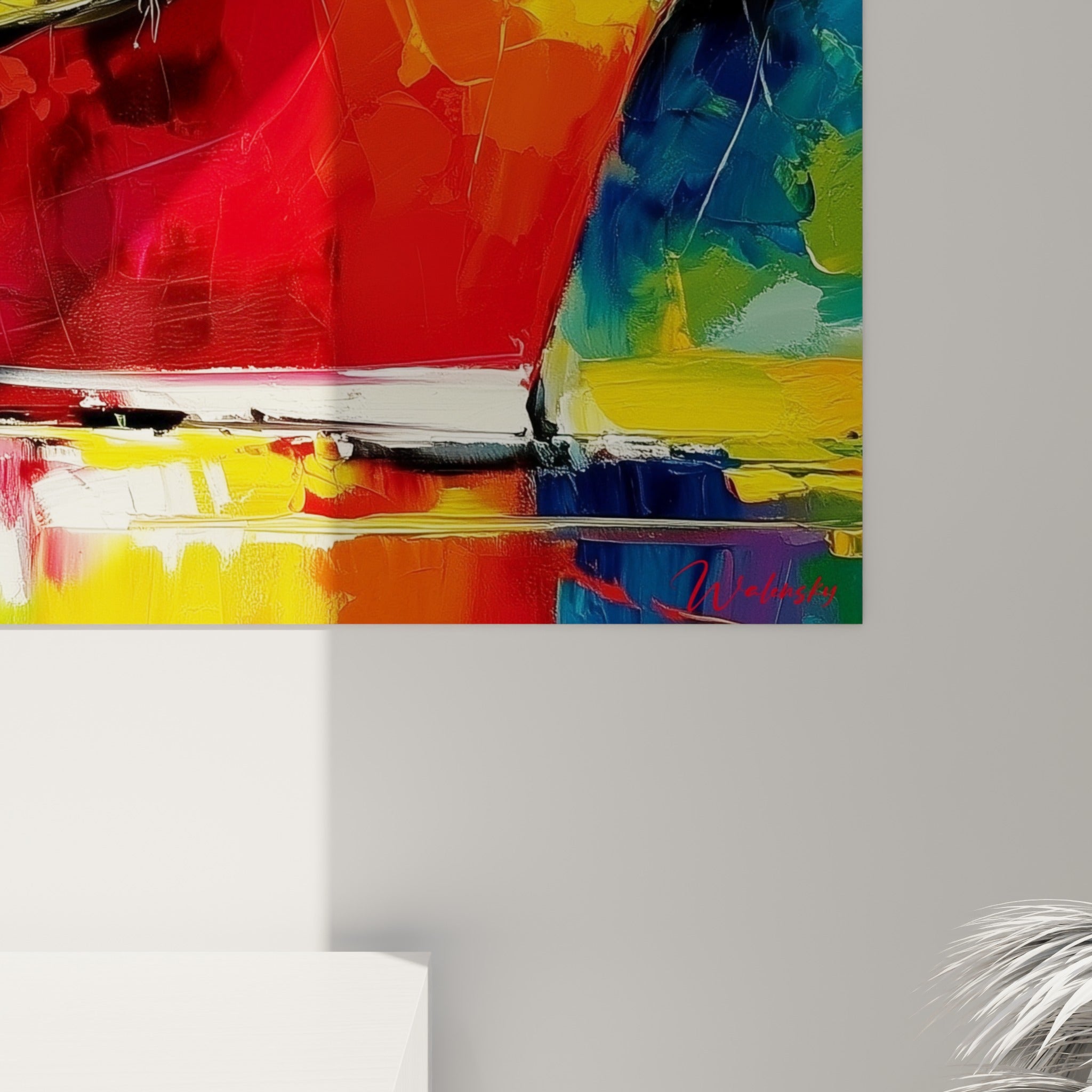 Empâtements rouge et jaune vibrant, coulures de peinture épaisse sur ce tableau bateau abstrait accroché au mur