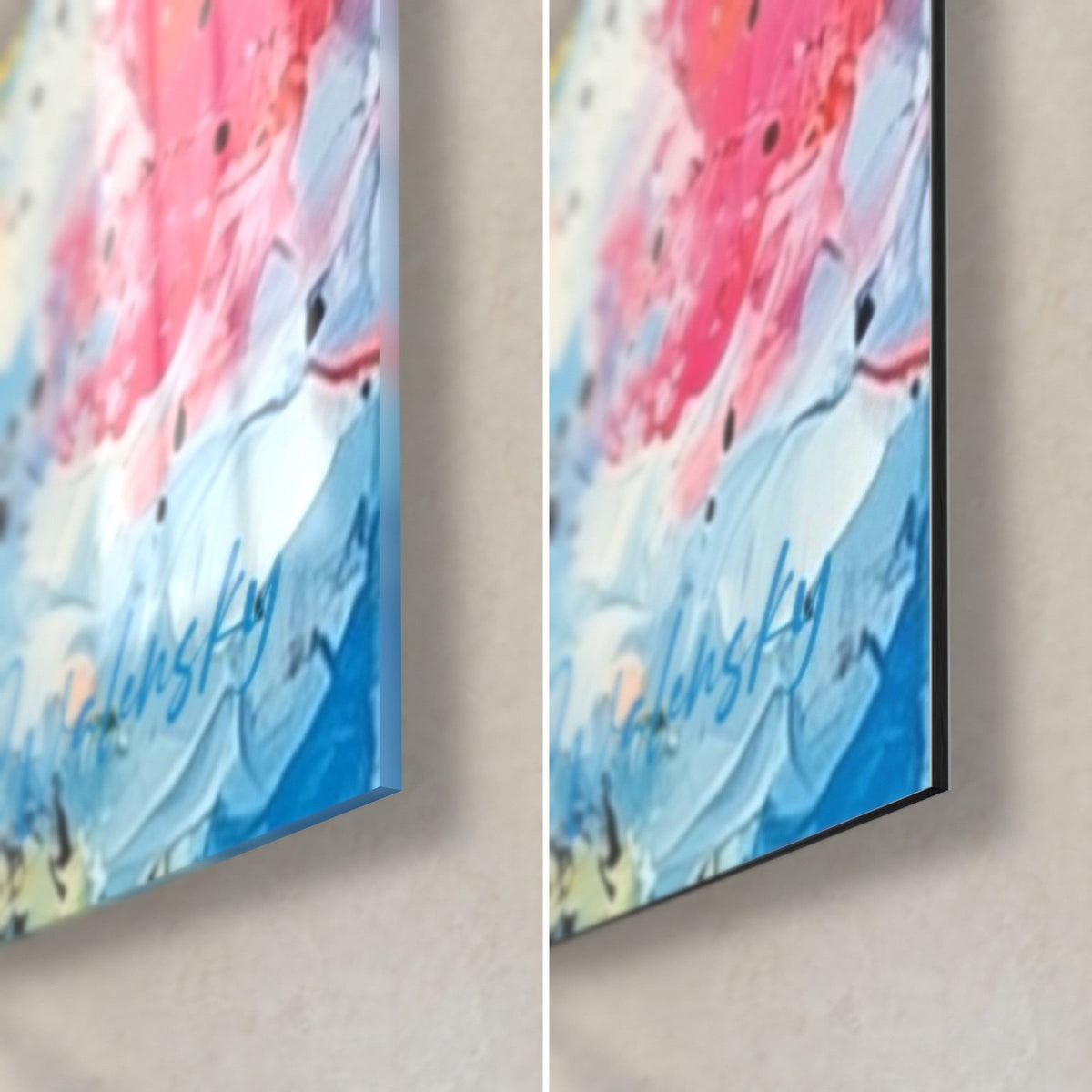 Tableau bateau abstrait aux coulures roses et bleu ciel, coin bas droit en verre brillant à gauche, alu Dibond mat à droite