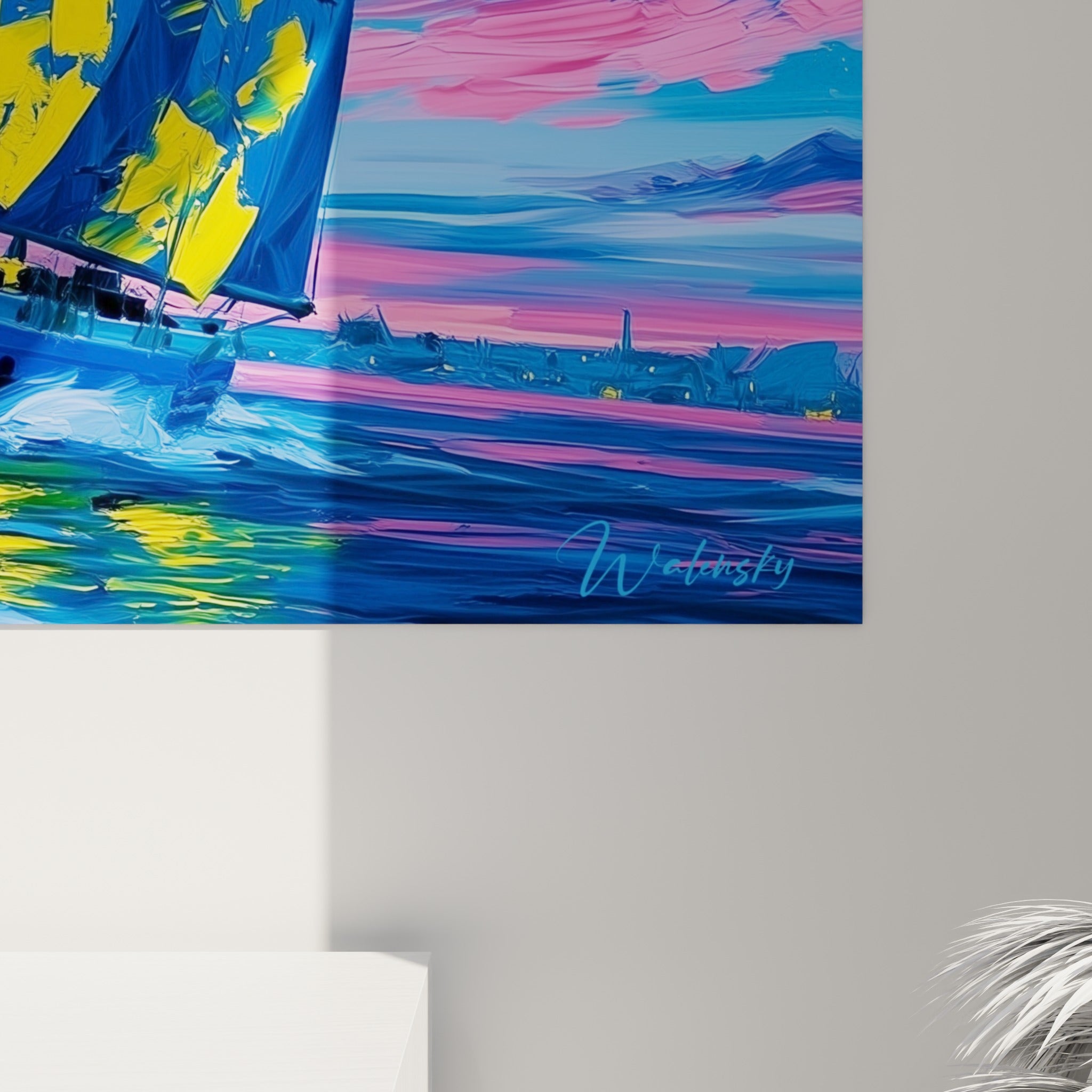 Empâtements de peinture bleu et jaune vif visibles sur les voiles et l'écume de la mer