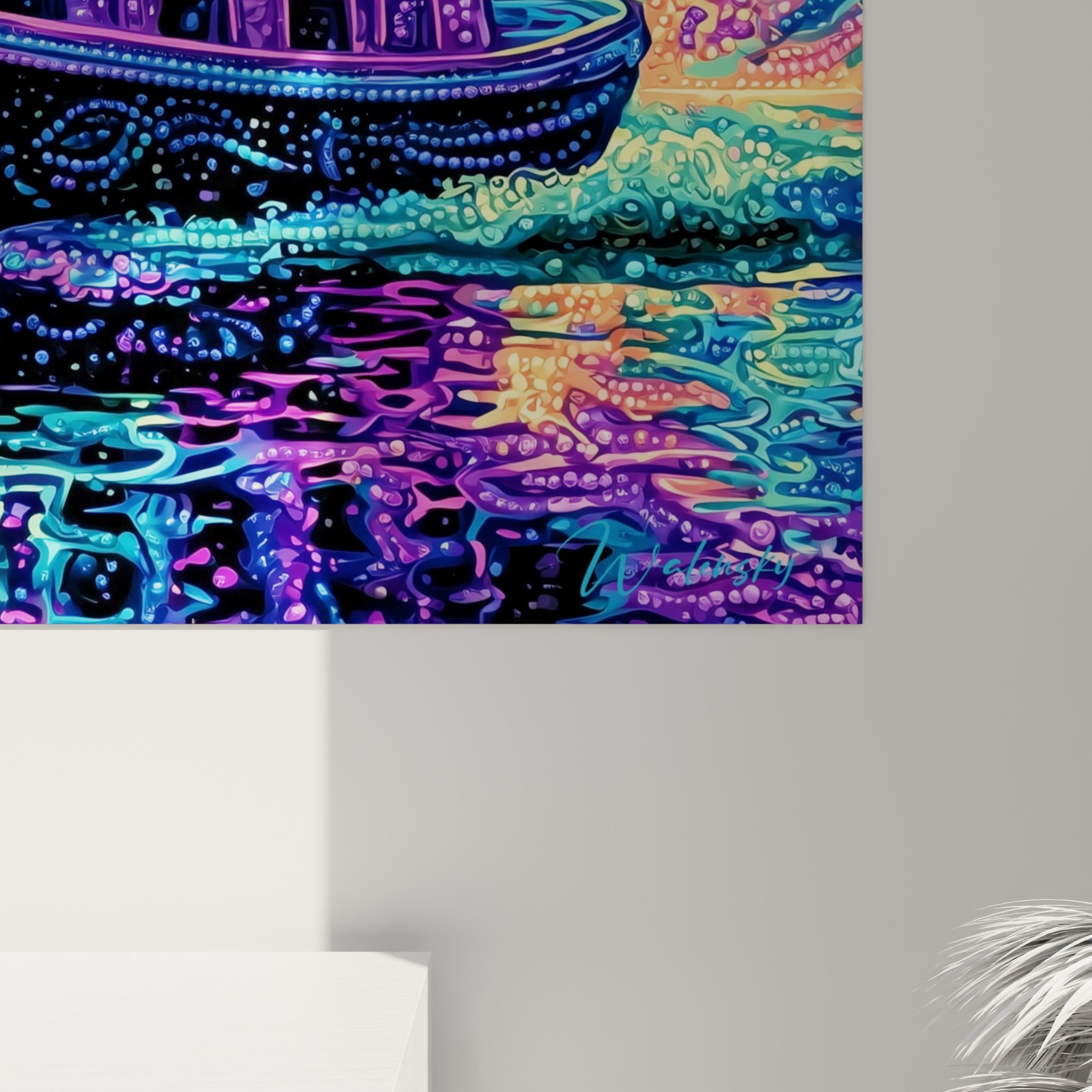 Empâtements colorés turquoise et rose fuchsia révélant la texture pointillée du tableau bateau abstrait