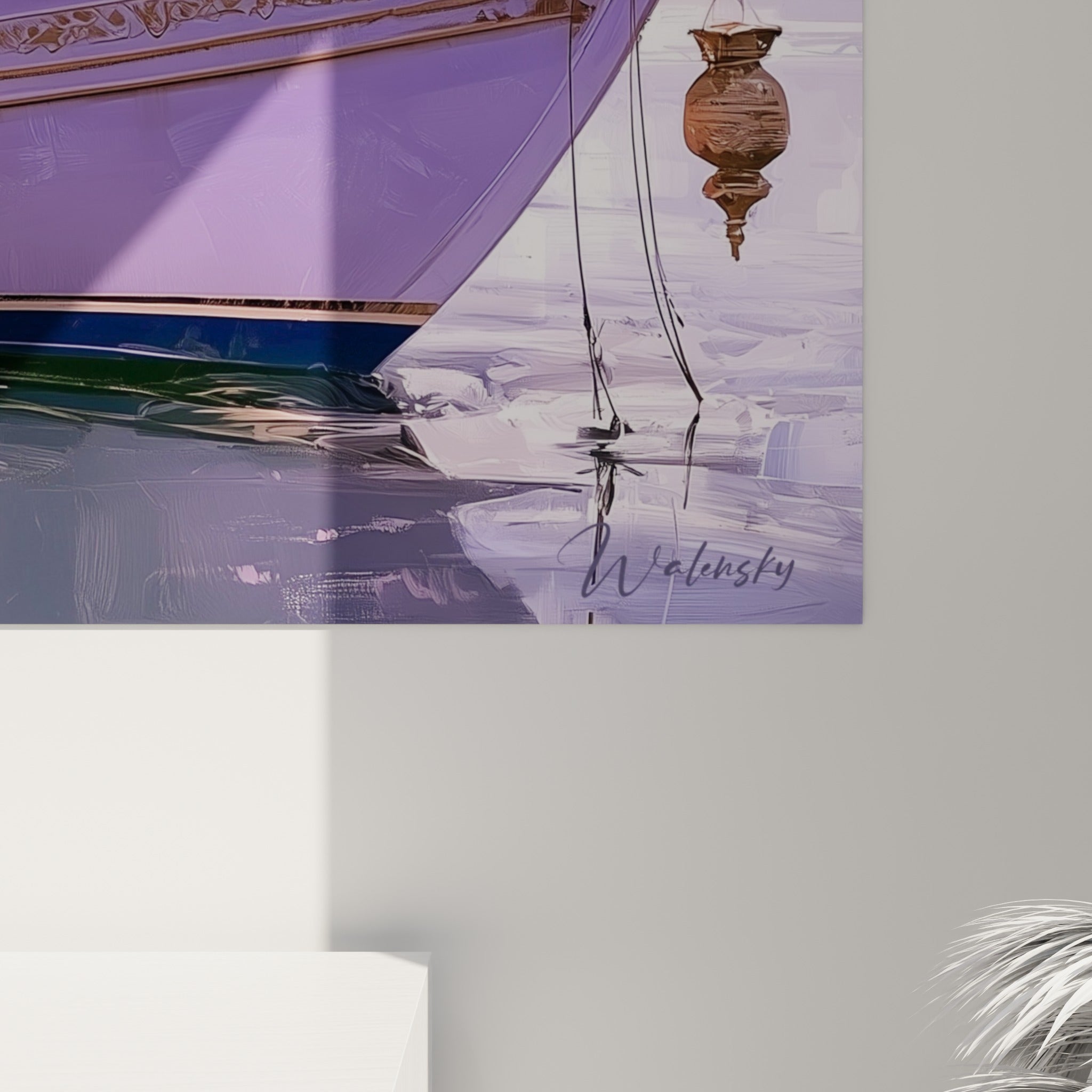 Empâtements orangés et touches violettes visibles sur la toile du tableau Bateau abstrait en gros plan