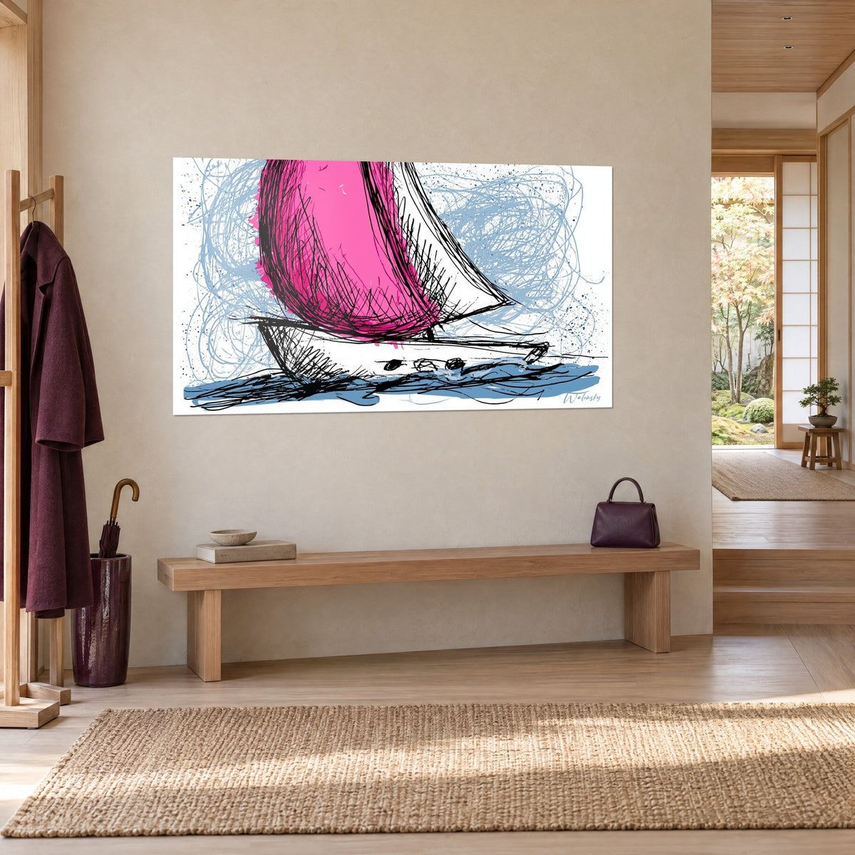 Quadro yacht con vele fucsia e tratti neri scarabocchiati, cielo di riccioli azzurro pallido, parete beige accanto a una panca di legno