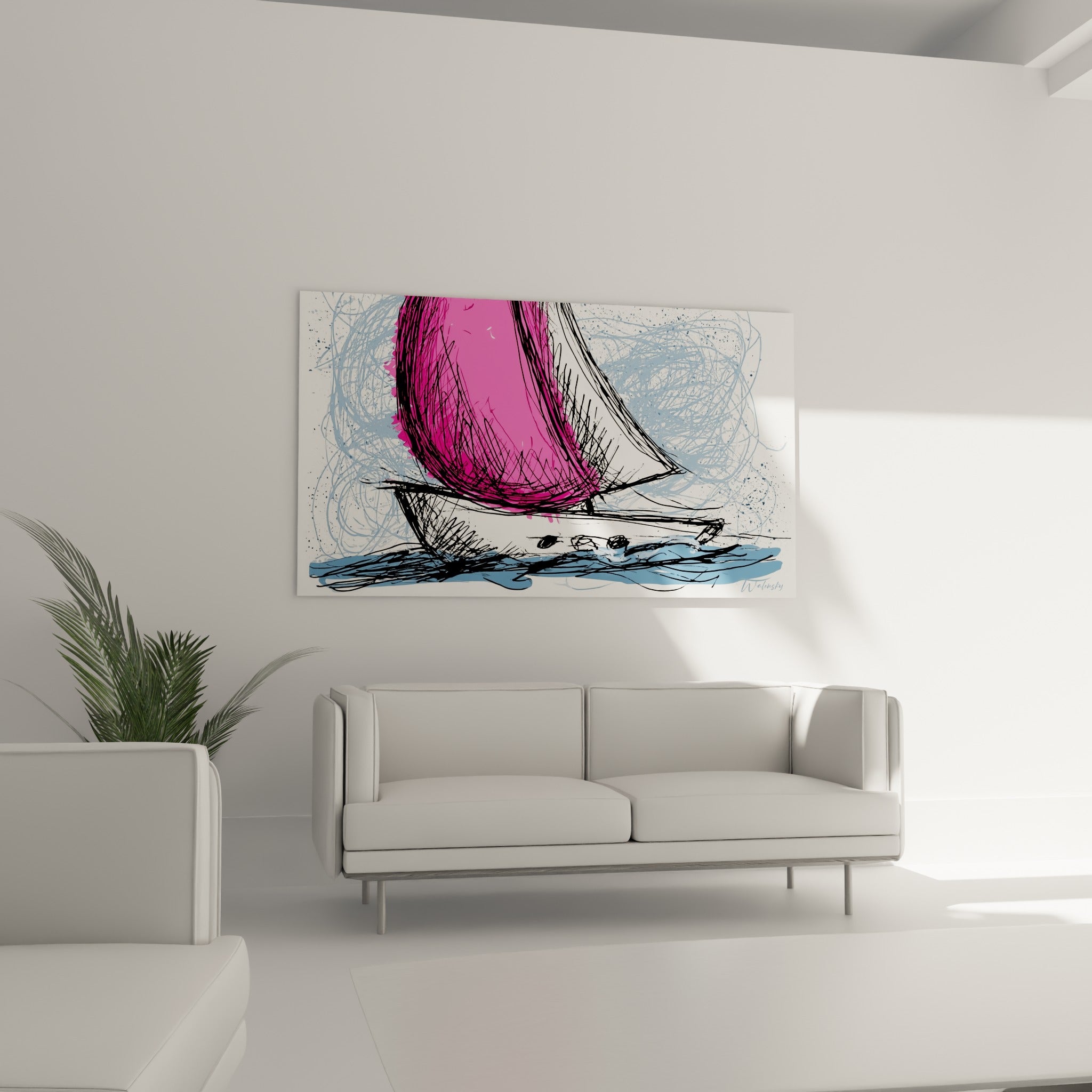 Bateau abstrait aux traits noirs vifs et voile rose éclatante au-dessus d'un canapé dans un salon lumineux