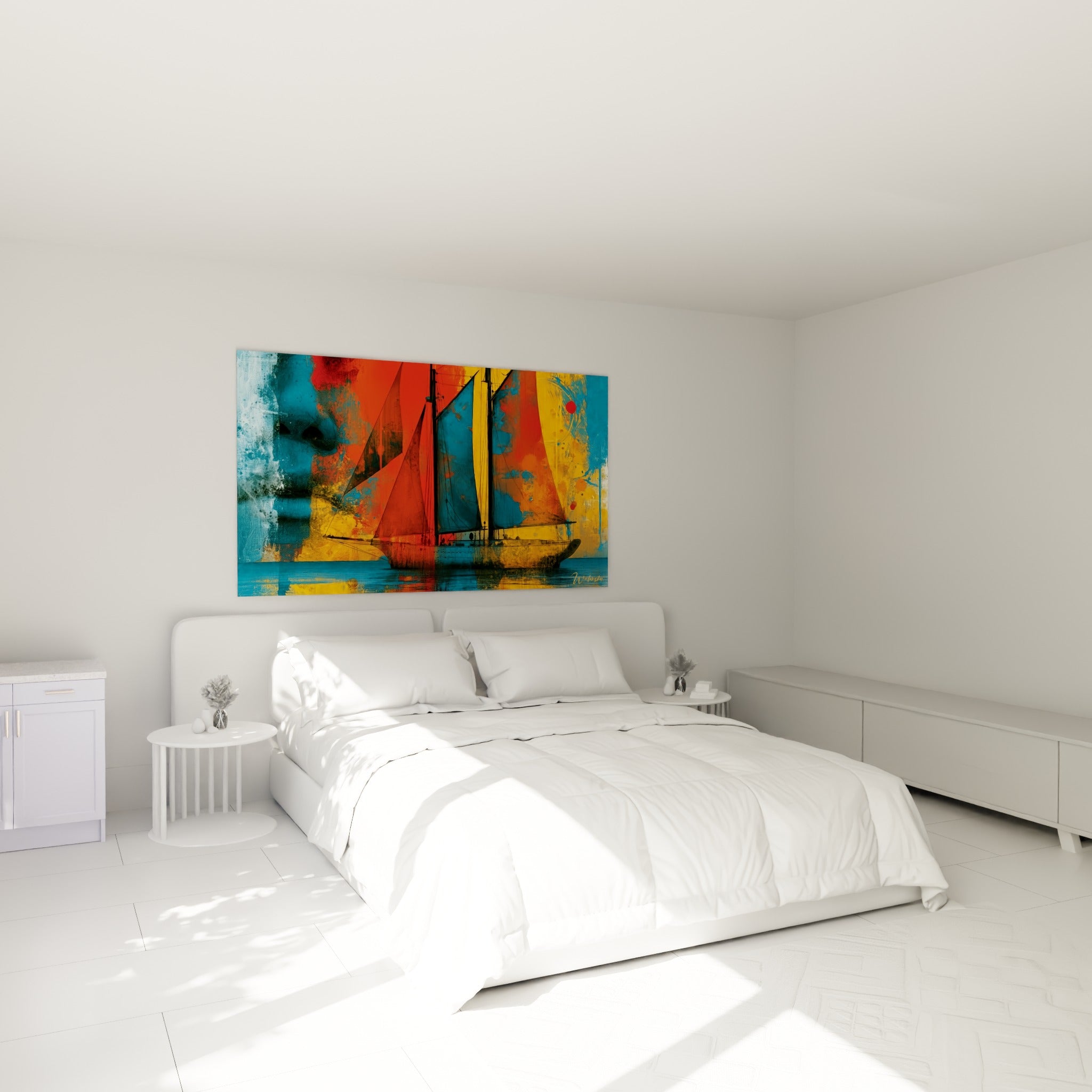 Trois-mâts stylisé en ocre et bleu profond accroché au-dessus d'un lit dans une chambre claire
