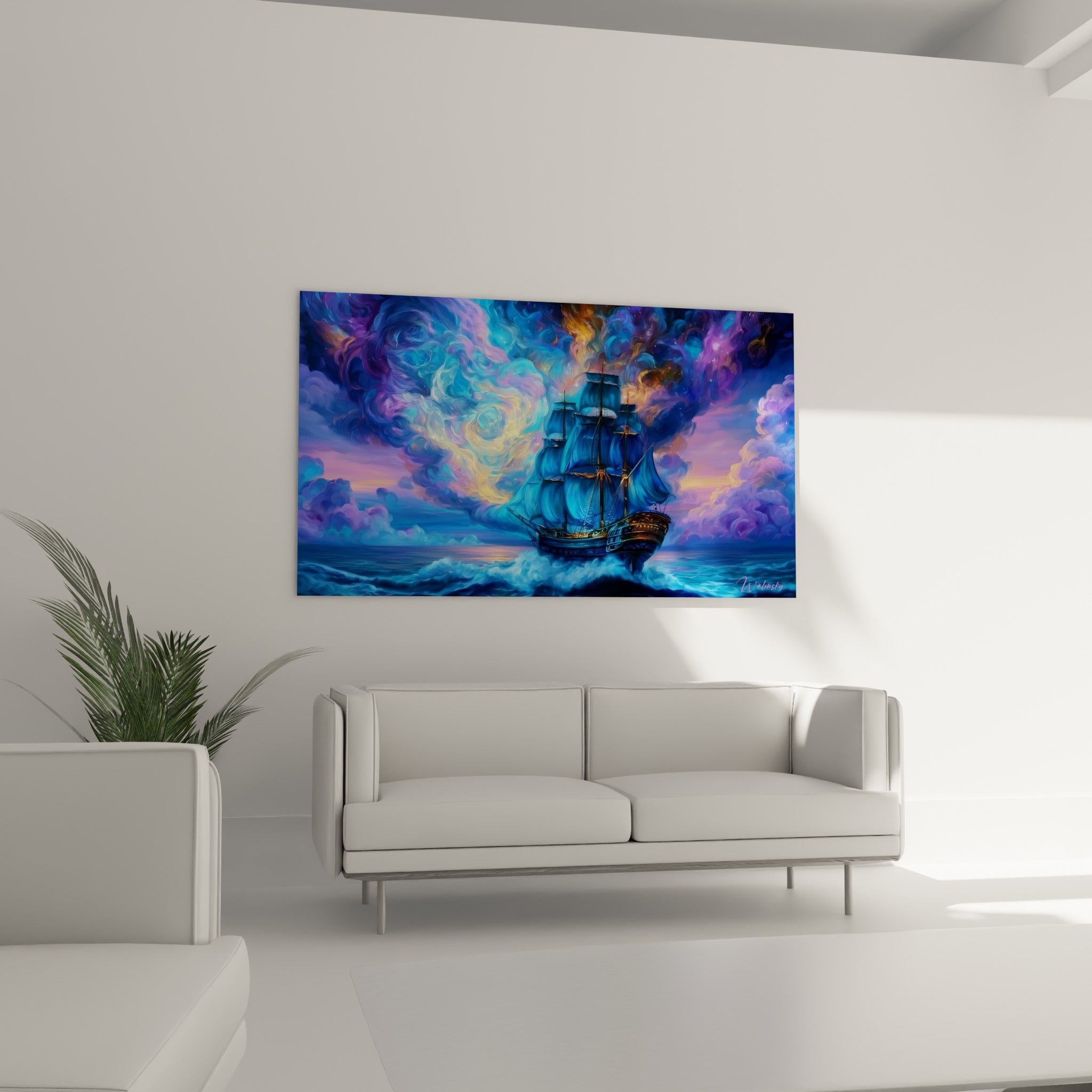 Trois-mâts doré et bleu voguant sur une mer écumante, au-dessus d'un canapé dans un salon lumineux