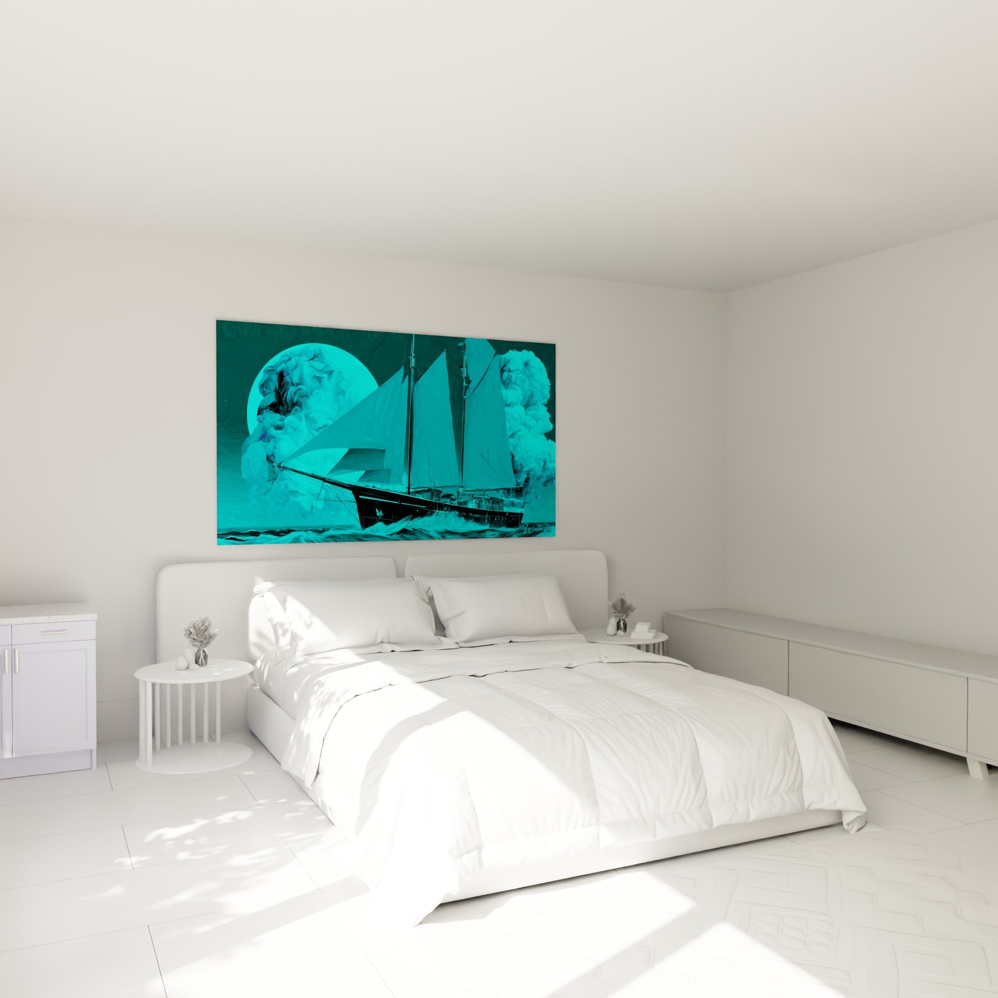 Trois-mâts turquoise et noir voguant sous la lune, accroché au-dessus d'un lit dans une chambre claire
