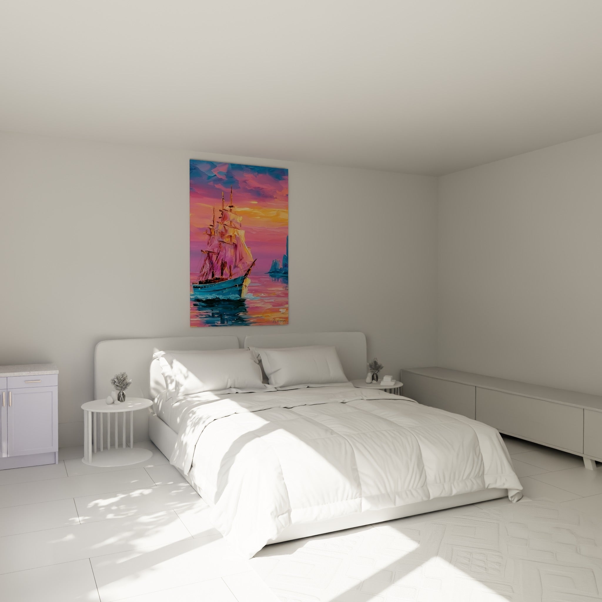 Trois-mâts rose et bleu voguant au couchant, accroché au-dessus d'un lit dans une chambre claire