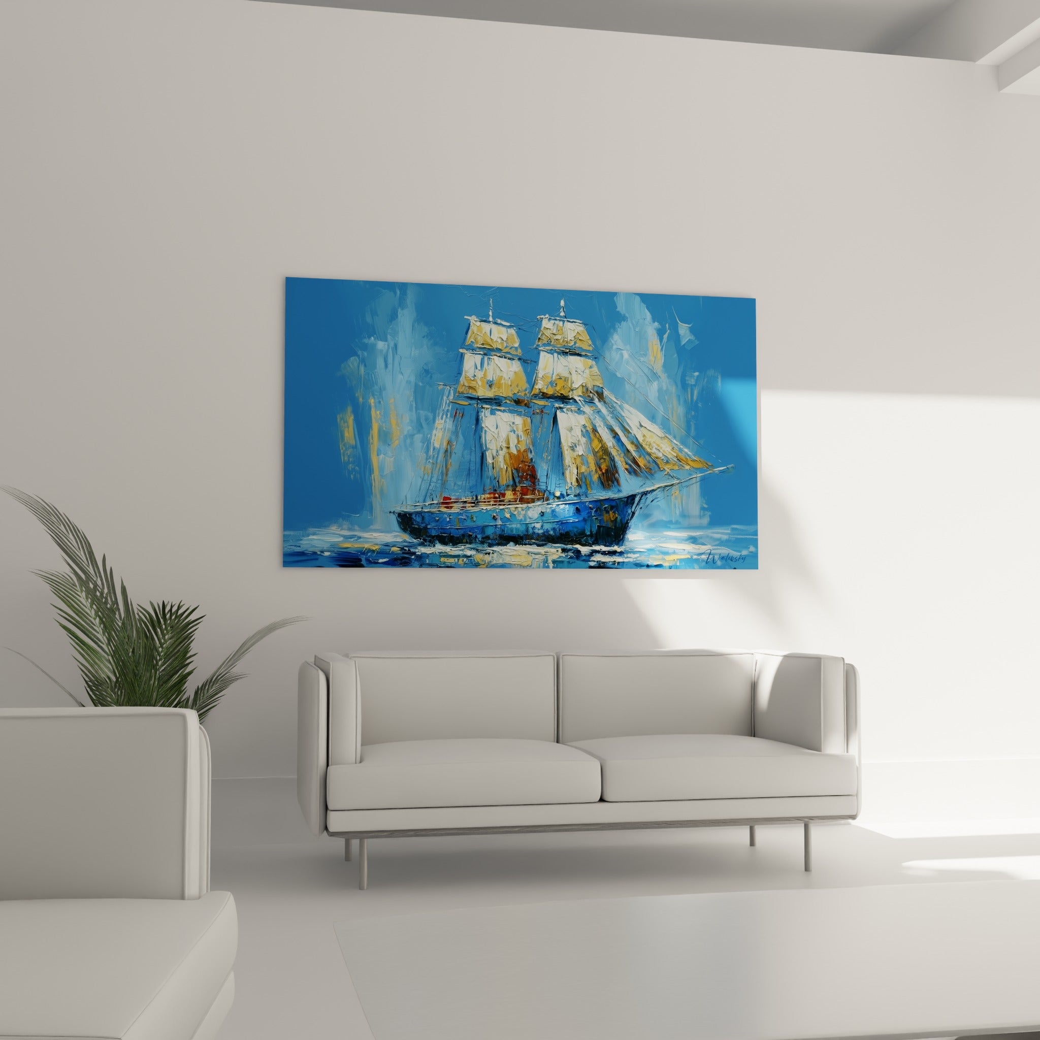Navire aux voiles dorées sur fond bleu pastel, tableau bateau abstrait au-dessus d'un canapé dans un salon lumineux