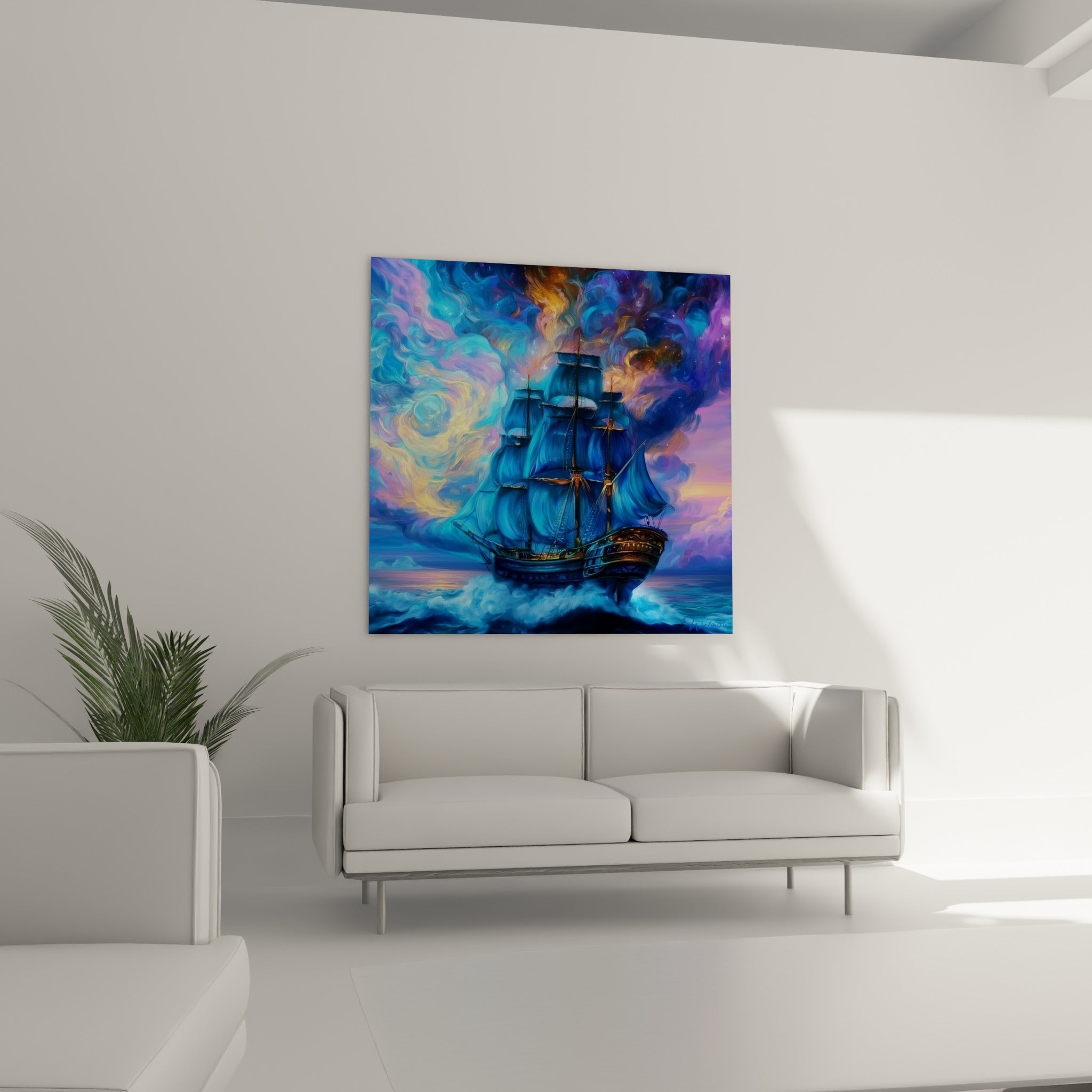 Trois-mâts turquoise fendant les vagues sous un ciel violet flamboyant, au-dessus d'un canapé dans un salon lumineux