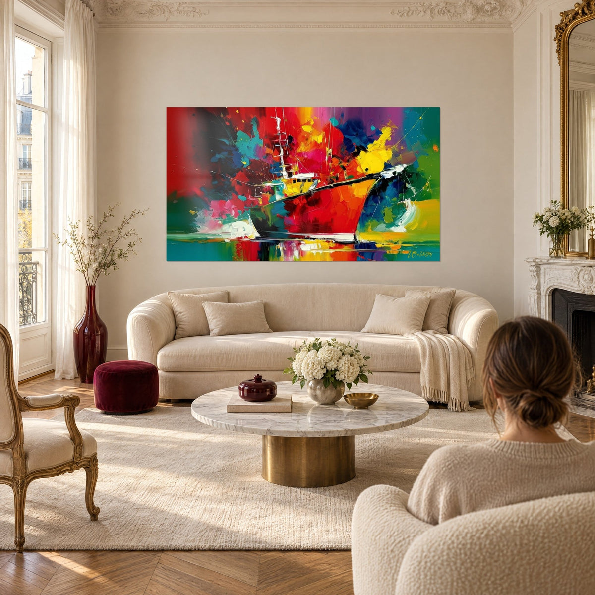 Tableau chalutier à coque rouge vif et cabine blanche, éclaboussures jaunes et turquoise, au-dessus d'un canapé dans un salon lumineux