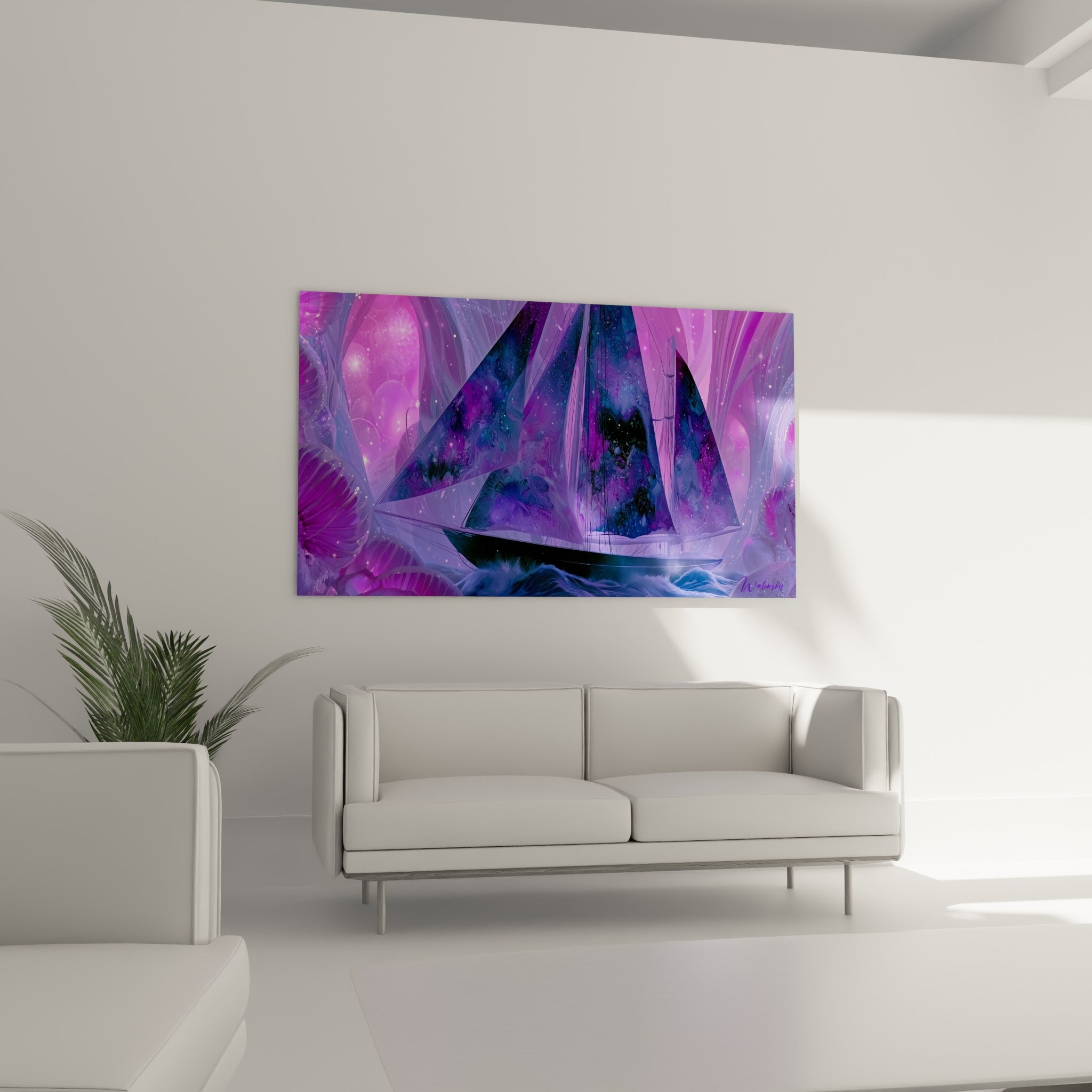 Bateau abstrait aux voiles violettes scintillantes, au-dessus d'un canapé dans un salon lumineux