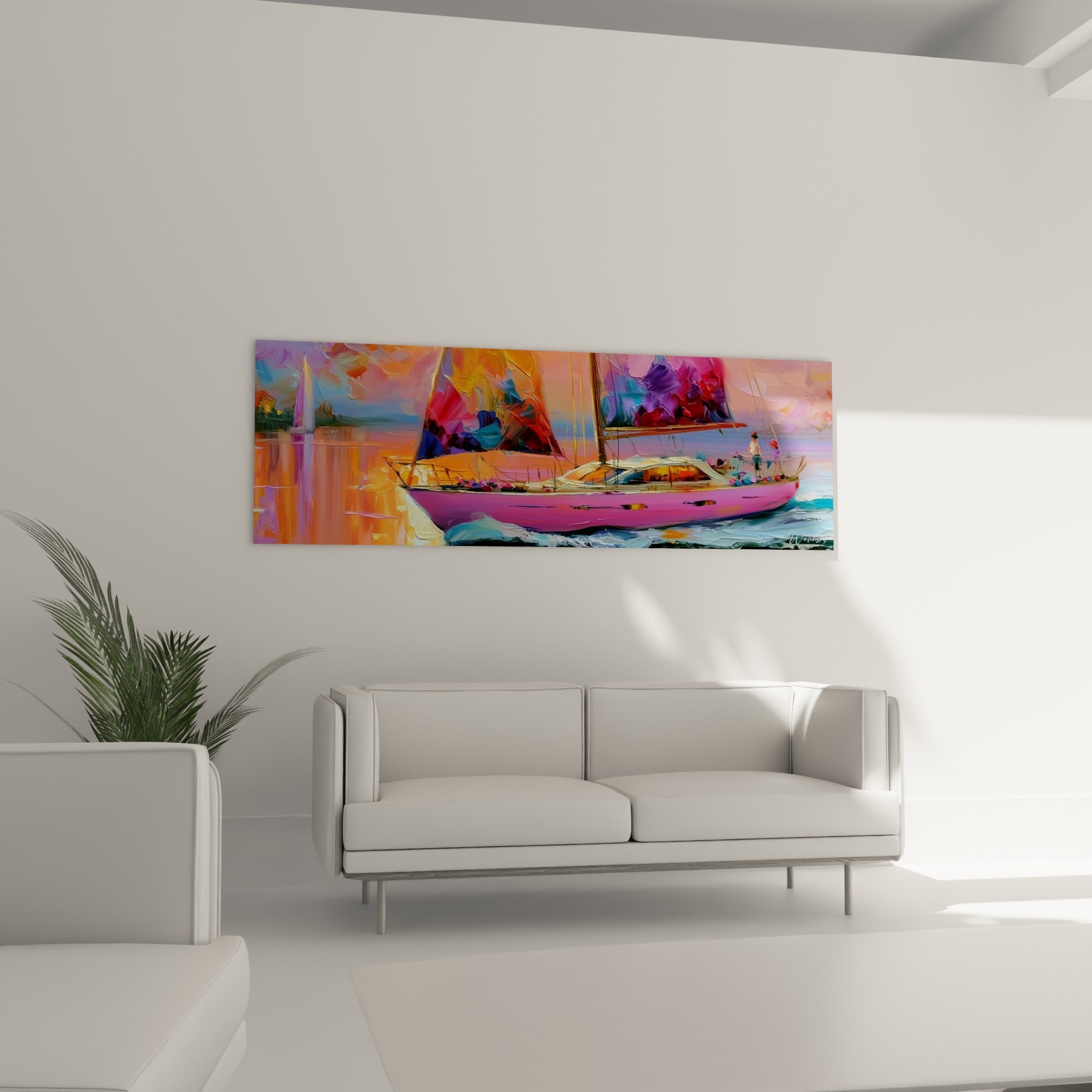 Voilier turquoise et rose vif voguant sous un ciel pastel, au-dessus d'un canapé dans un salon lumineux