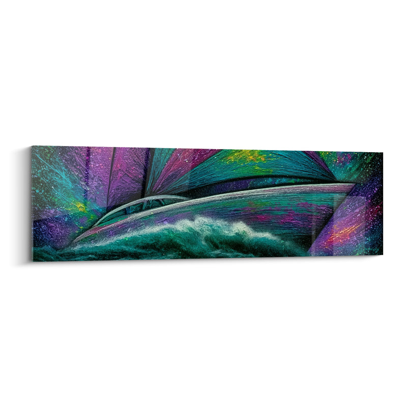 Tableau Voilier turquoise et violet fendant l'écume - Voiles en éventail - Edition Bateau abstrait